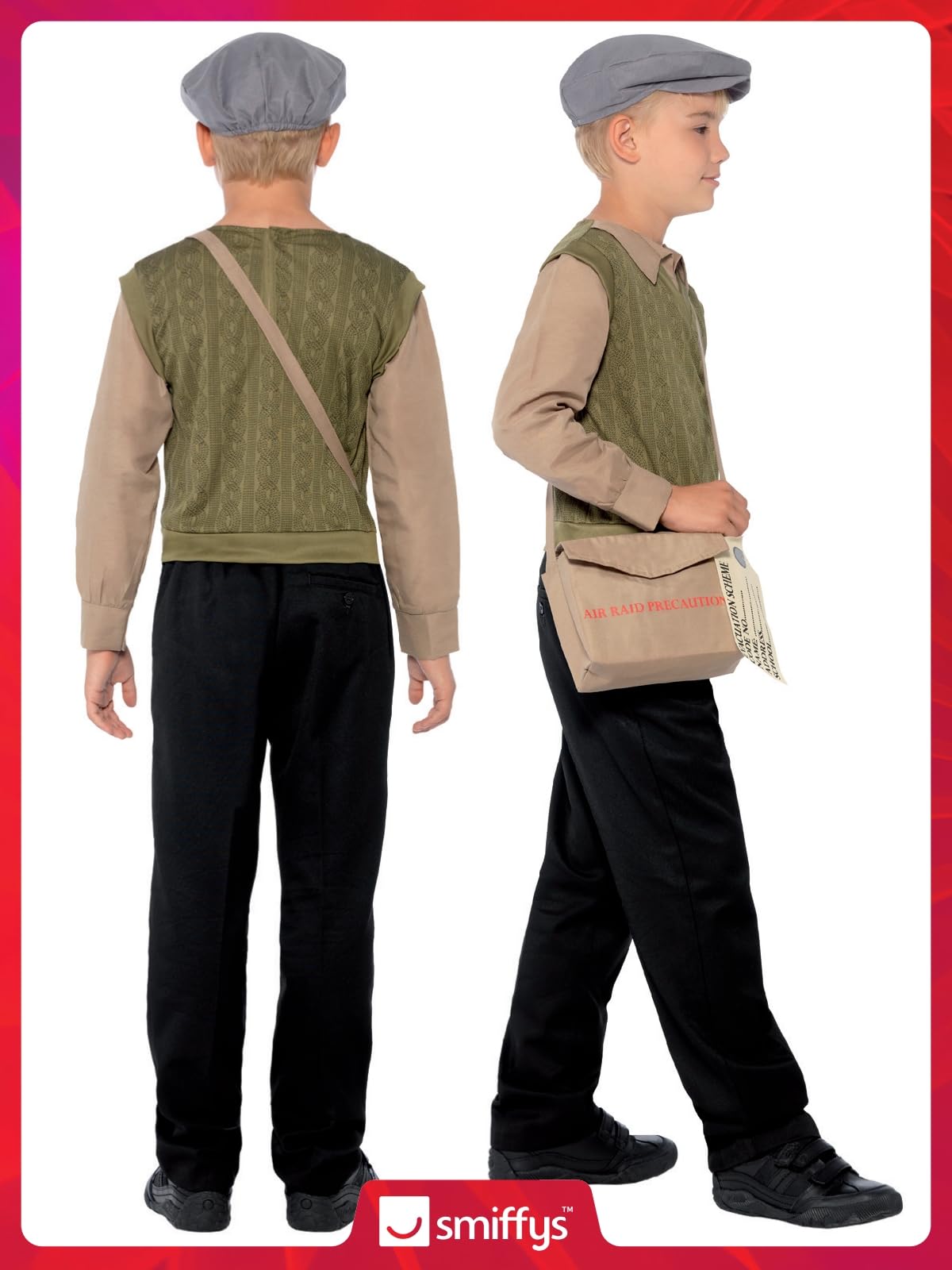 Smiffys Evacuee Boy Kit - Green Dress Up Costume with Jumper, Hat, Bag & Tag 5
