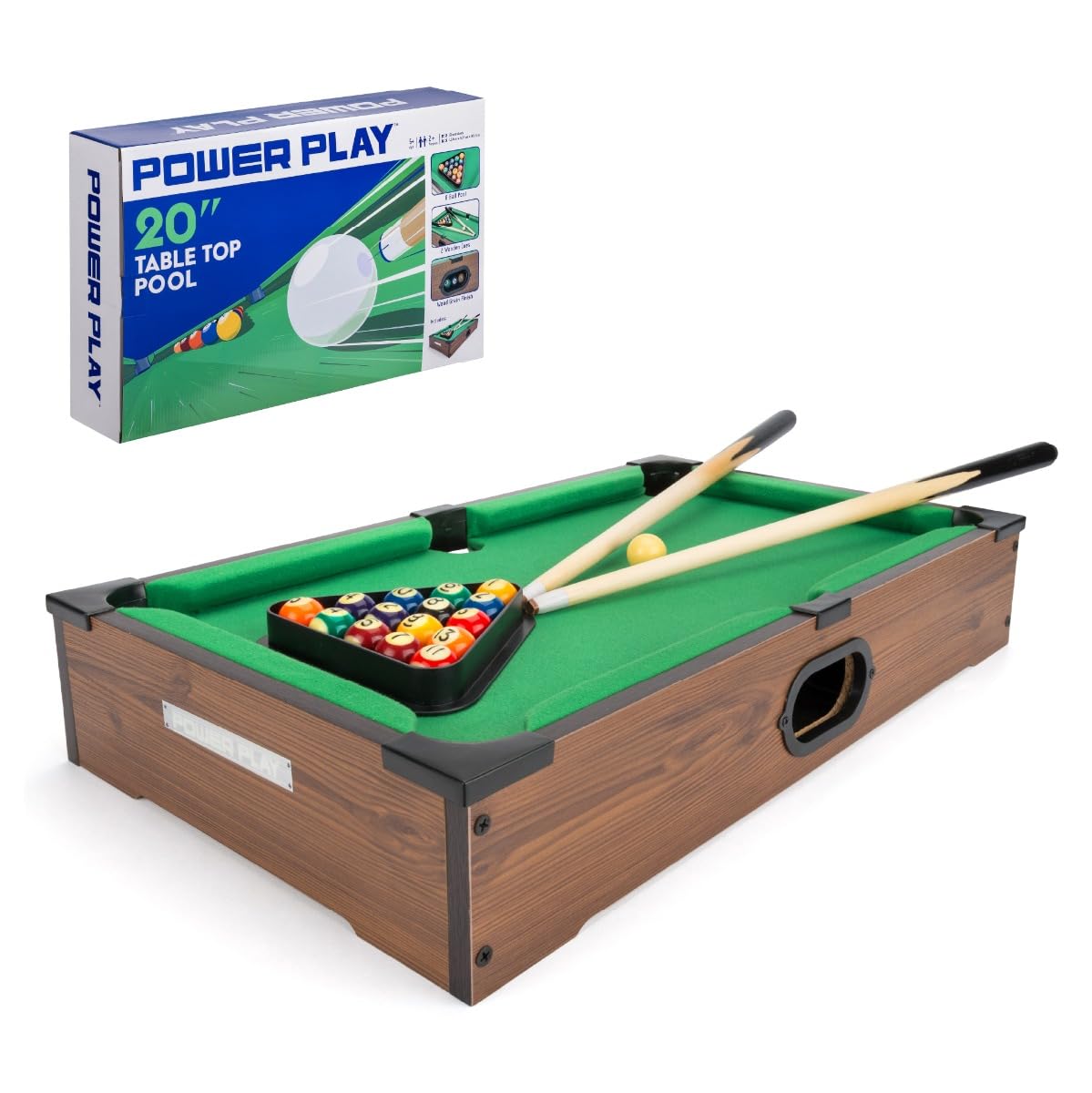 Power Play 20 Inch Table Top Pool Game | Wood Construction | Includes 2 Cues & 16 Balls
