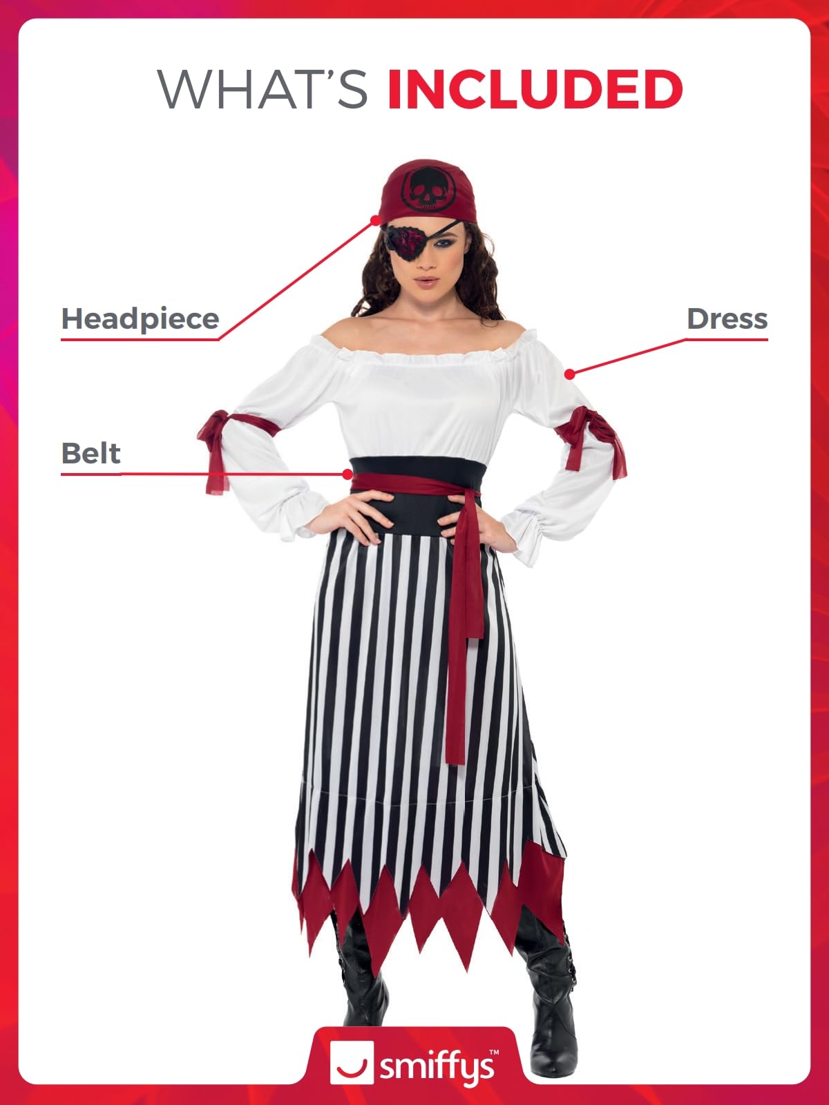 Smiffys Pirate Lady Costume - Black & White Dress with Arm Ties, Belt & Headpiece, Size M (UK 12-14) 3