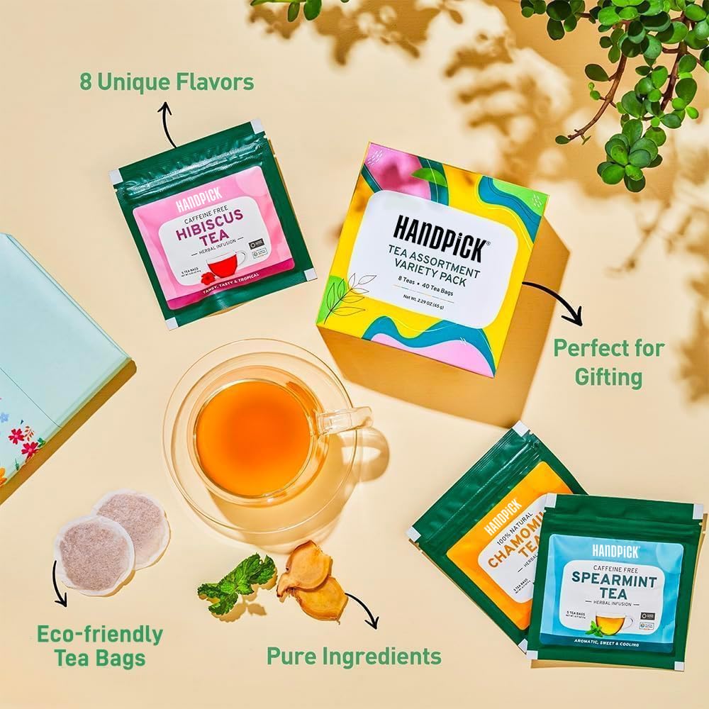 HANDPICK Tea Bags Sampler Assortment Variety Pack - 8 Flavors, 40 Tea Bags - Gift Box 4