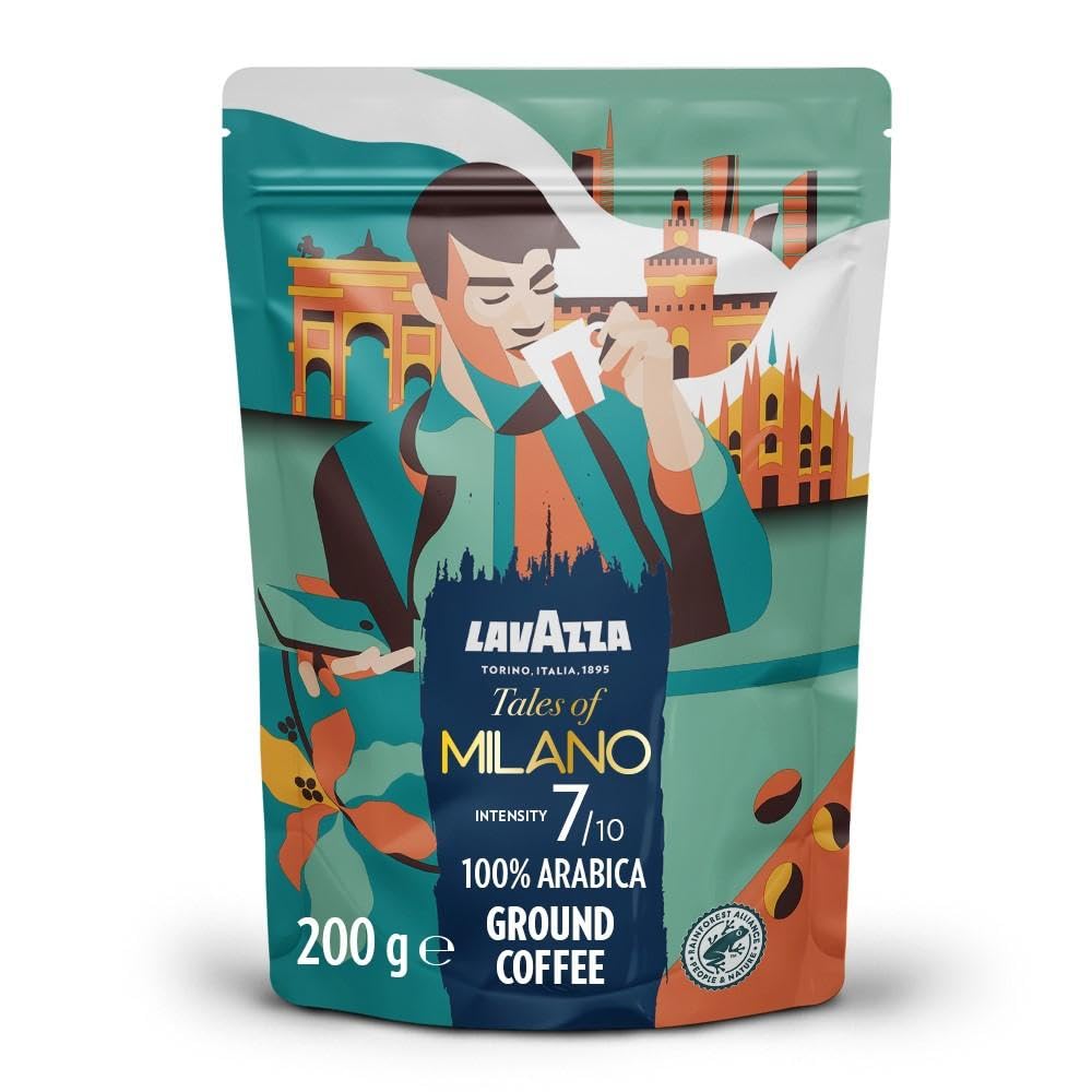 Lavazza Tales of Milano Coffee Ground - 100% Arabica, Aromatic Notes of Honey and Dried Fruit, Intensity 7/10, Light Roasting, 200 g