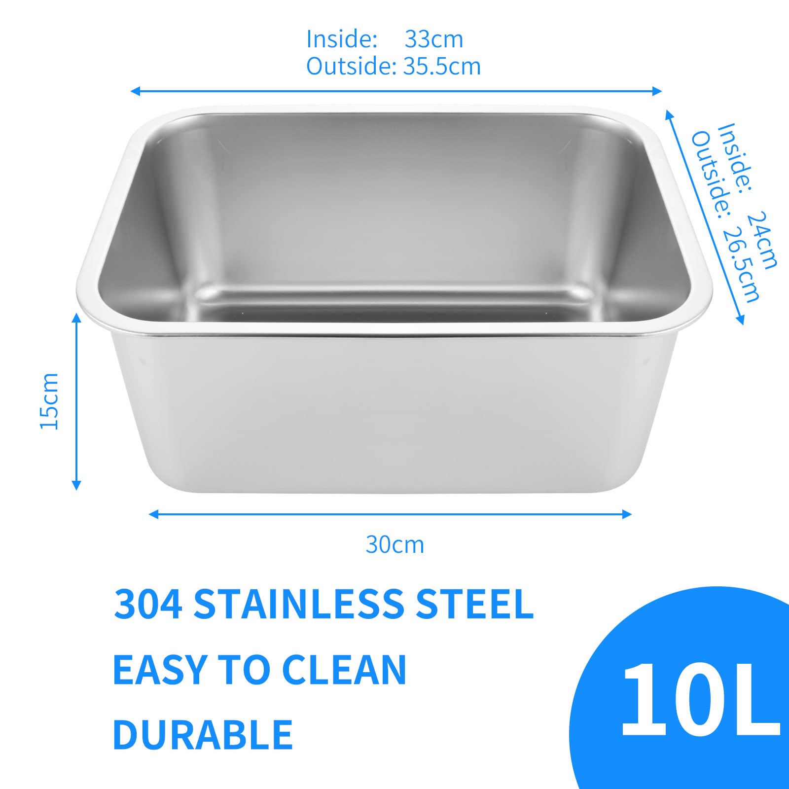 ASelected 304 Stainless Steel Washing Up Bowl - 10 Litre Capacity | 33x24x15cm | Durable 2