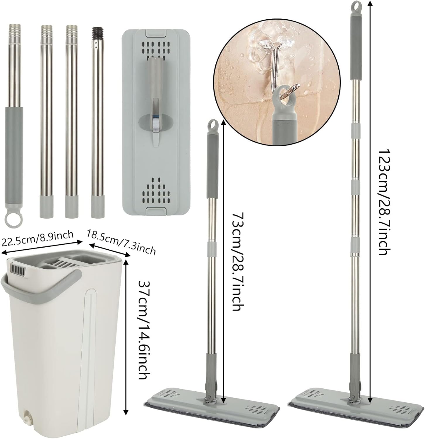 ASelected - Flat Mop and Bucket Set with Hands-Free Squeeze, 10 Reusable Microfiber Pads, Stainless Steel Handle