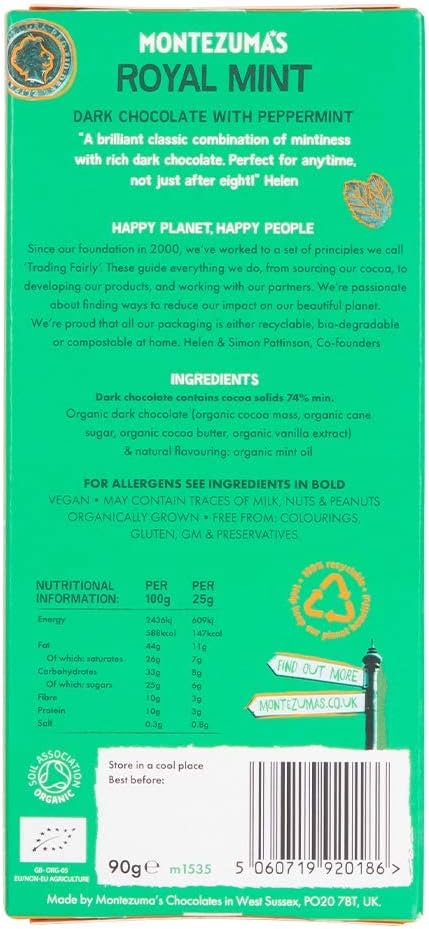 Montezuma - Royal Mint 74% Cocoa Dark Chocolate Bar, Organic Vegan Gluten-Free 90g 7