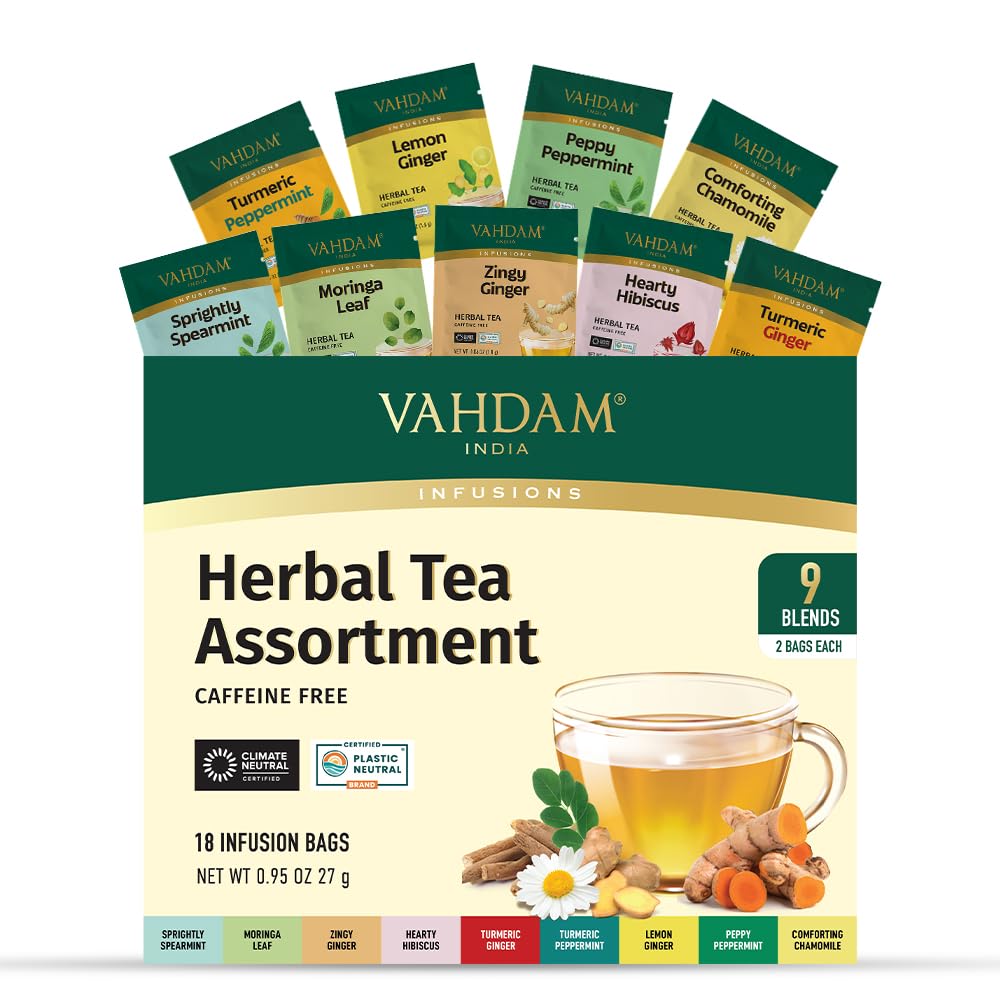VAHDAM - Assorted Herbal Tea Sampler (18 Tea Bags, 9 Flavors) Caffeine-Free