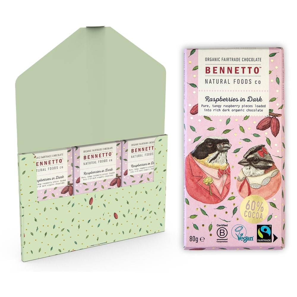 Bennetto Raspberries in Dark Chocolate Bar - Organic, Vegan, Fairtrade, 60% Cocoa