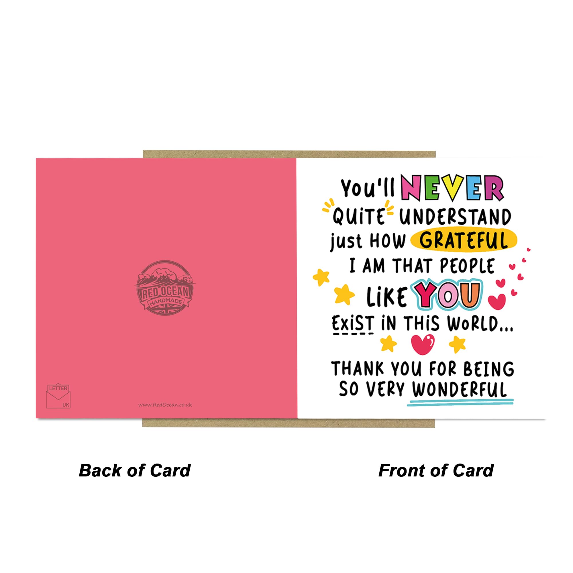 RED OCEAN Handmade Thank You Card - Square 14.5cm | 350gsm Matte Card | Brown Craft Envelope Included 6