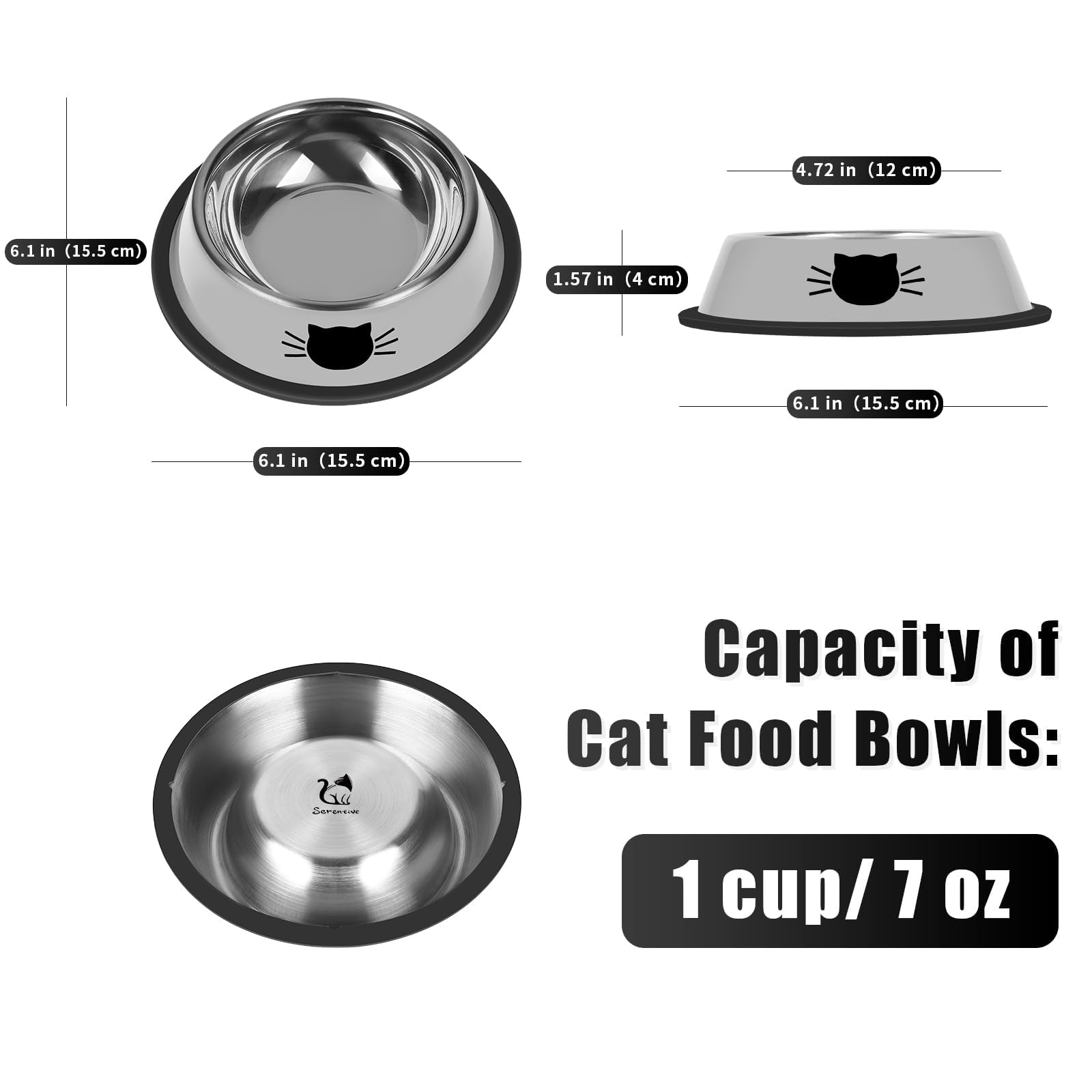 Serentive Stainless Steel Cat Food Bowls - Set of 2, 7 oz Capacity, Non-Slip Rubber Base 2