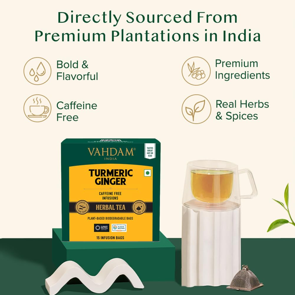 VAHDAM - Turmeric + Ginger Herbal Tea Blend (15 Pyramid Tea Bags) 7