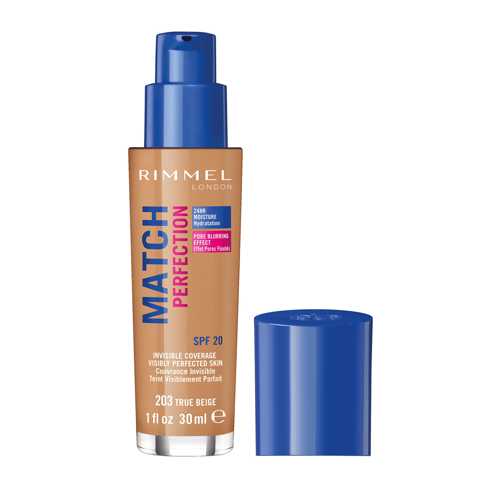 Rimmel Match Perfection Foundation - True Beige 203, Medium Coverage, 24hr Hydration, SPF20, Cruelty-Free