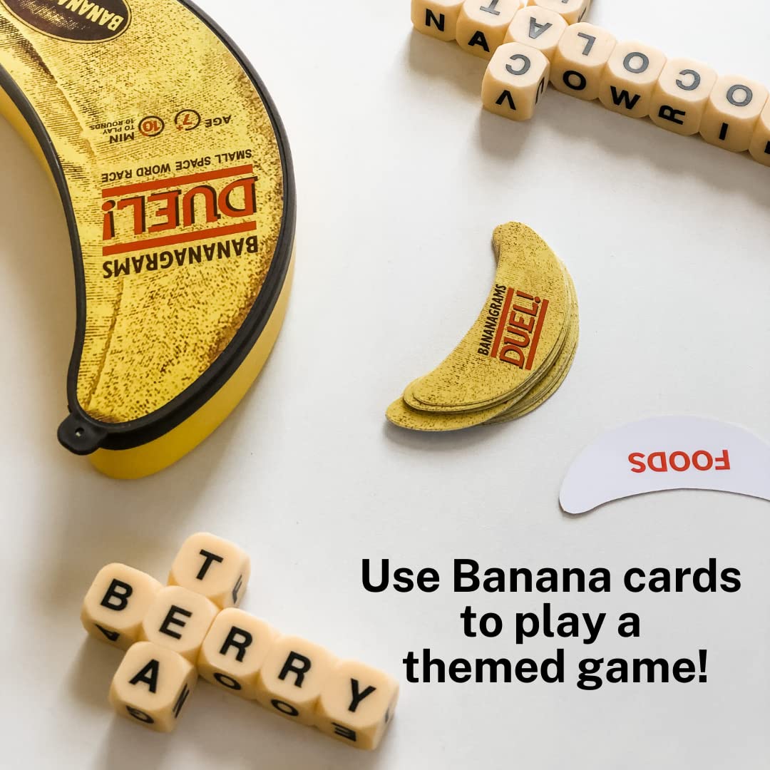 BANANAGRAMS Duel Word Game for Two Players with 24 Letter Dice and Banana-Themed Challenge Cards 6