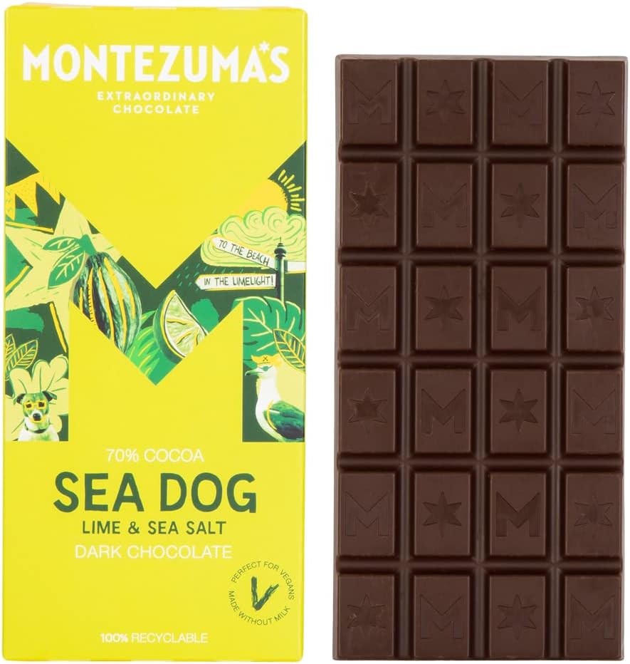 Montezuma - Sea Dog 70% Cocoa Dark Chocolate with Sea Salt & Lime, Vegan Gluten-Free Bar