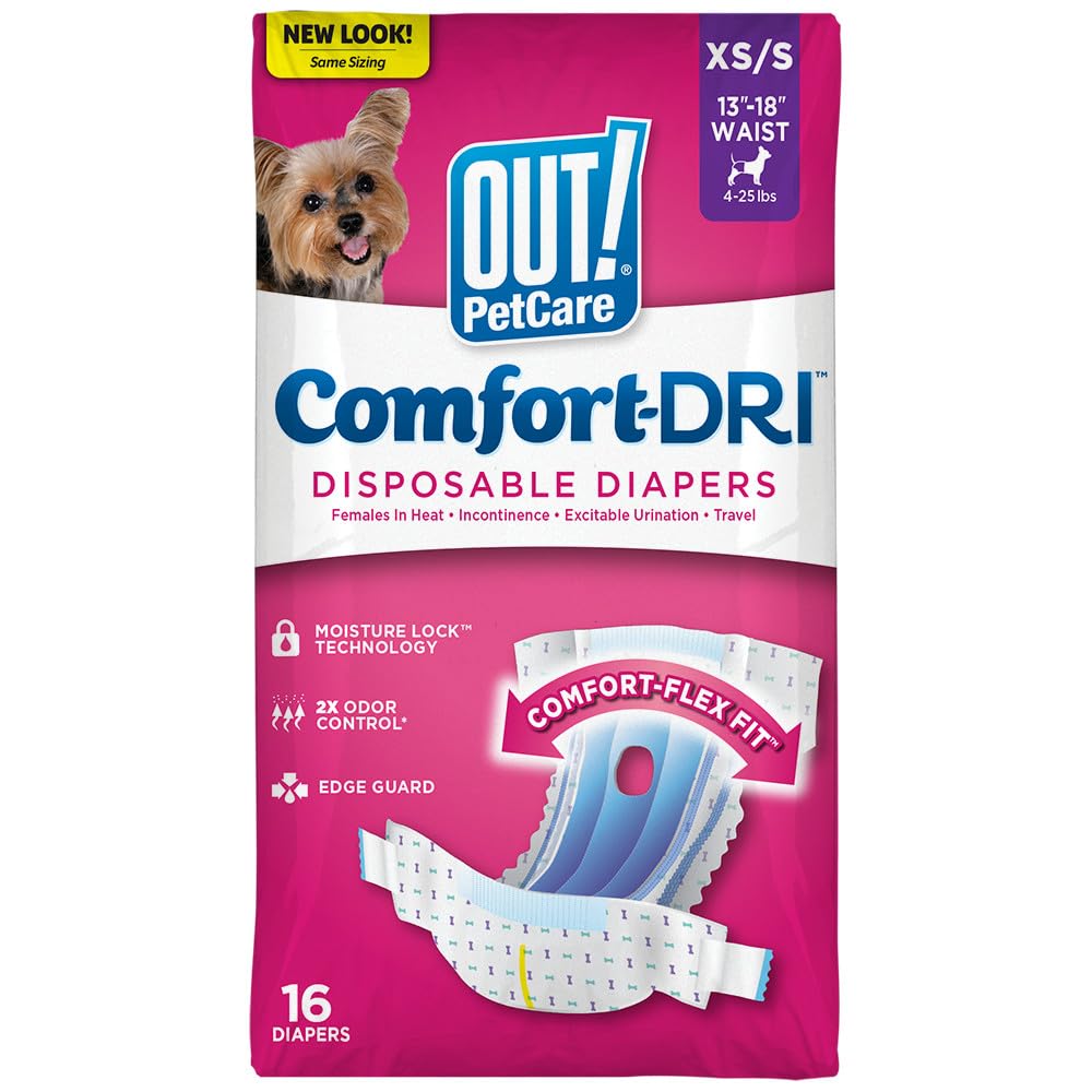 OUT! Disposable Female Dog Diapers - XS/S Size, Leak-Proof Fit, Pack of 16 1