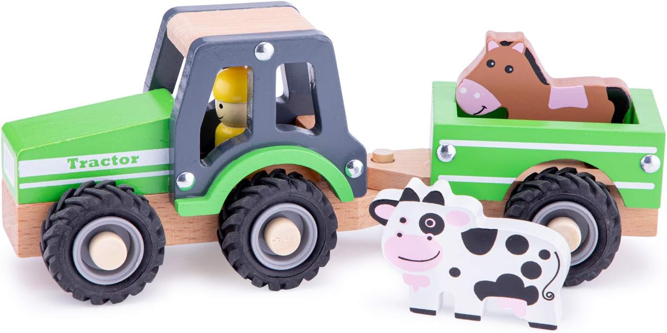 New Classic Toys 11941 Wooden Tractor with Trailer and Animals - Farm Playset for Toddlers 18 Months+
