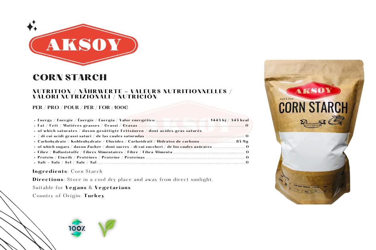 AKSOY 100% Pure Corn Starch | 1.25 KG Resealable Pouch | Non-GMO, Vegan Thickener for Gravy, Sauces, Baking & Puddings 6