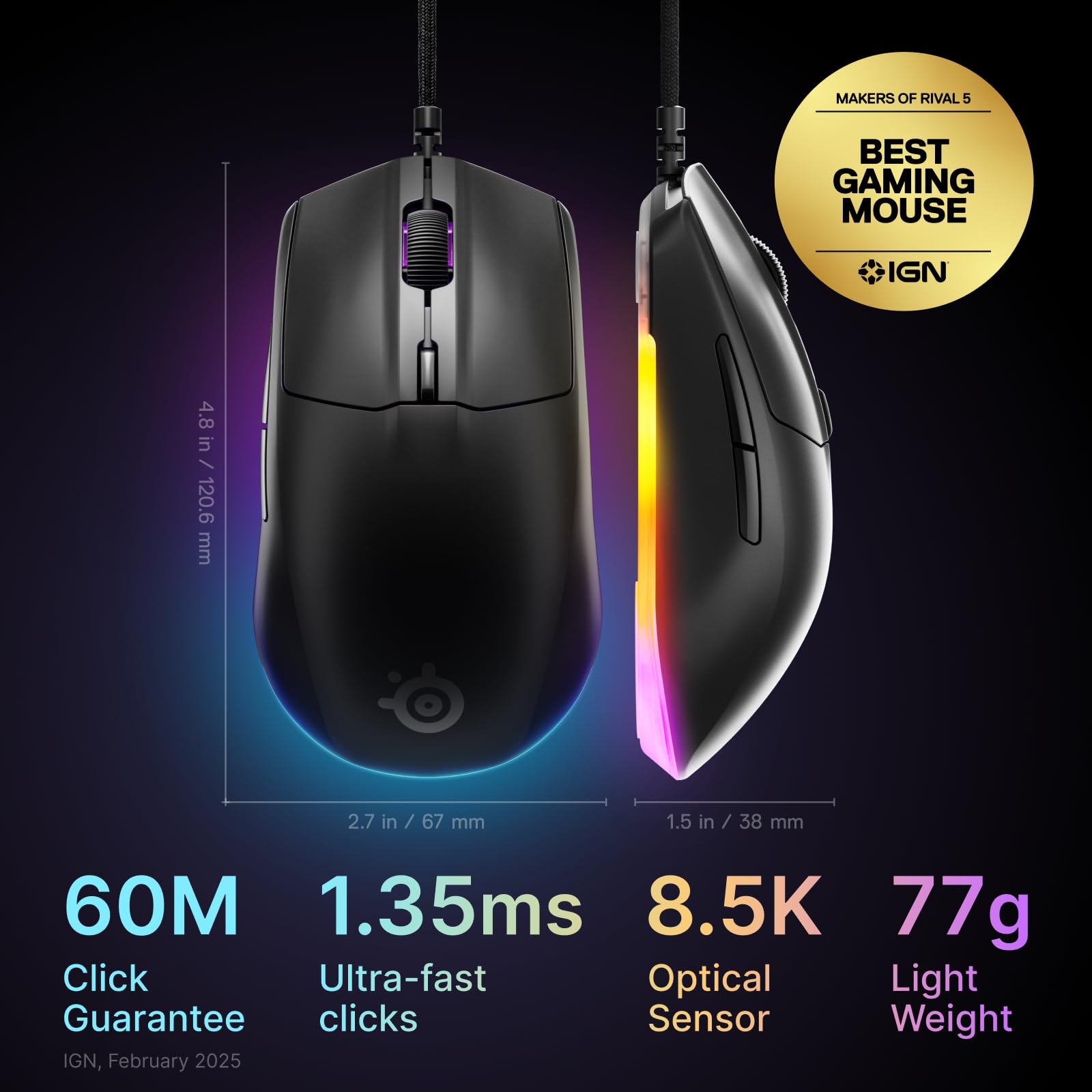 SteelSeries Rival 3 Gen 2 Gaming Mouse - 8500 DPI Optical Sensor | 1.35ms Click Latency | 60M Clicks