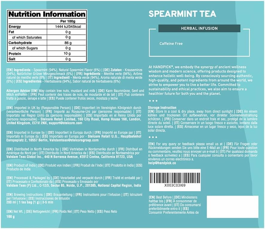 HANDPICK Spearmint Tea Bags (100 Count) Non-GMO, 100% Pure Spearmint Leaf, Tea Board of India Certified 8