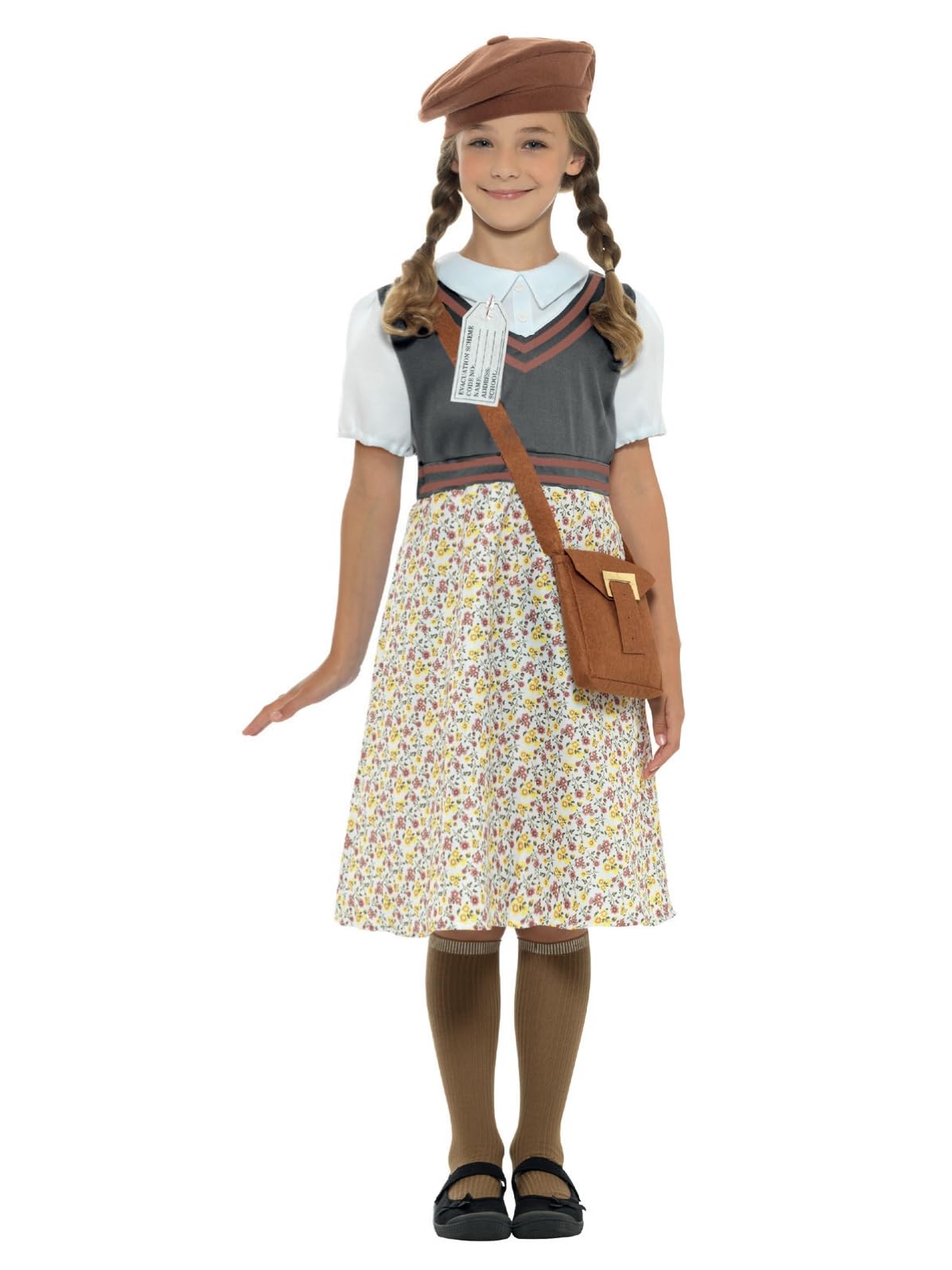 Smiffys Evacuee School Girl Costume - Dress, Hat, Bag & Name Tag for Girls