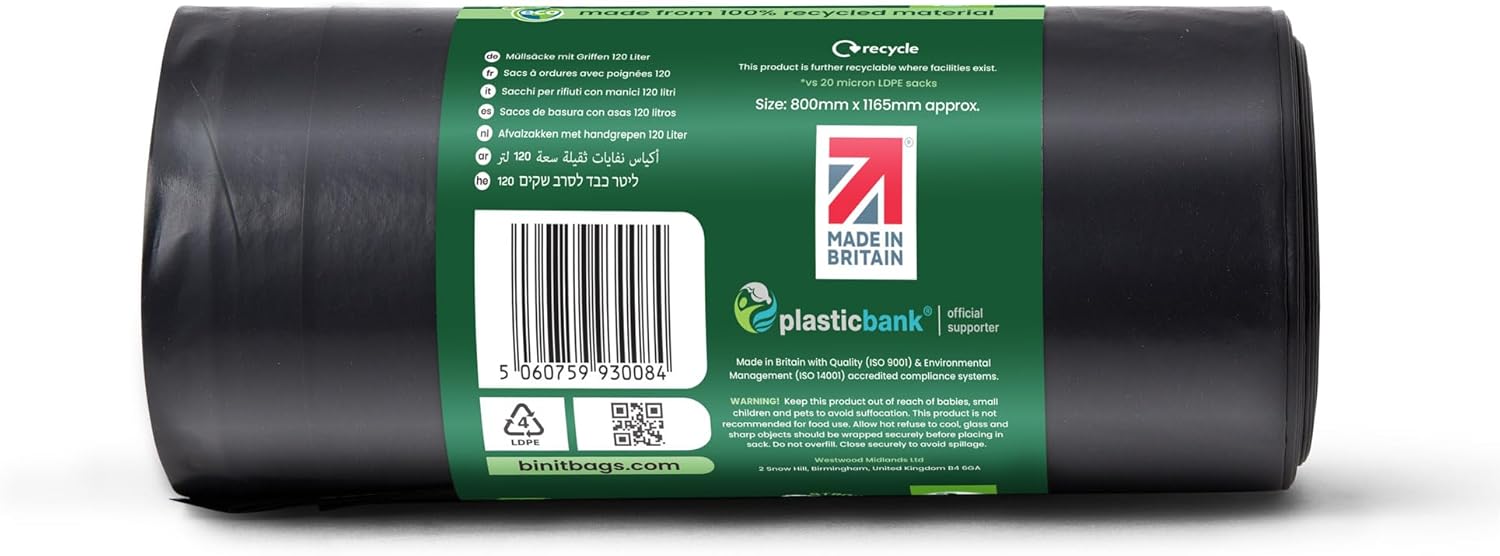 BIN IT 10 Tie Top Ultra Heavy Duty 120L Refuse Sacks - 60μm Recycled LDPE Bin Bags 3