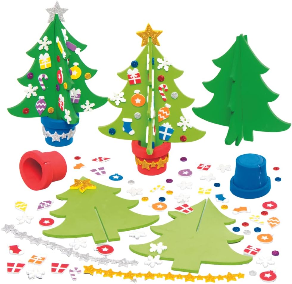 Baker Ross AX427 Christmas Tree Craft Kit - Pack of 4 Foam Decorations for Kids