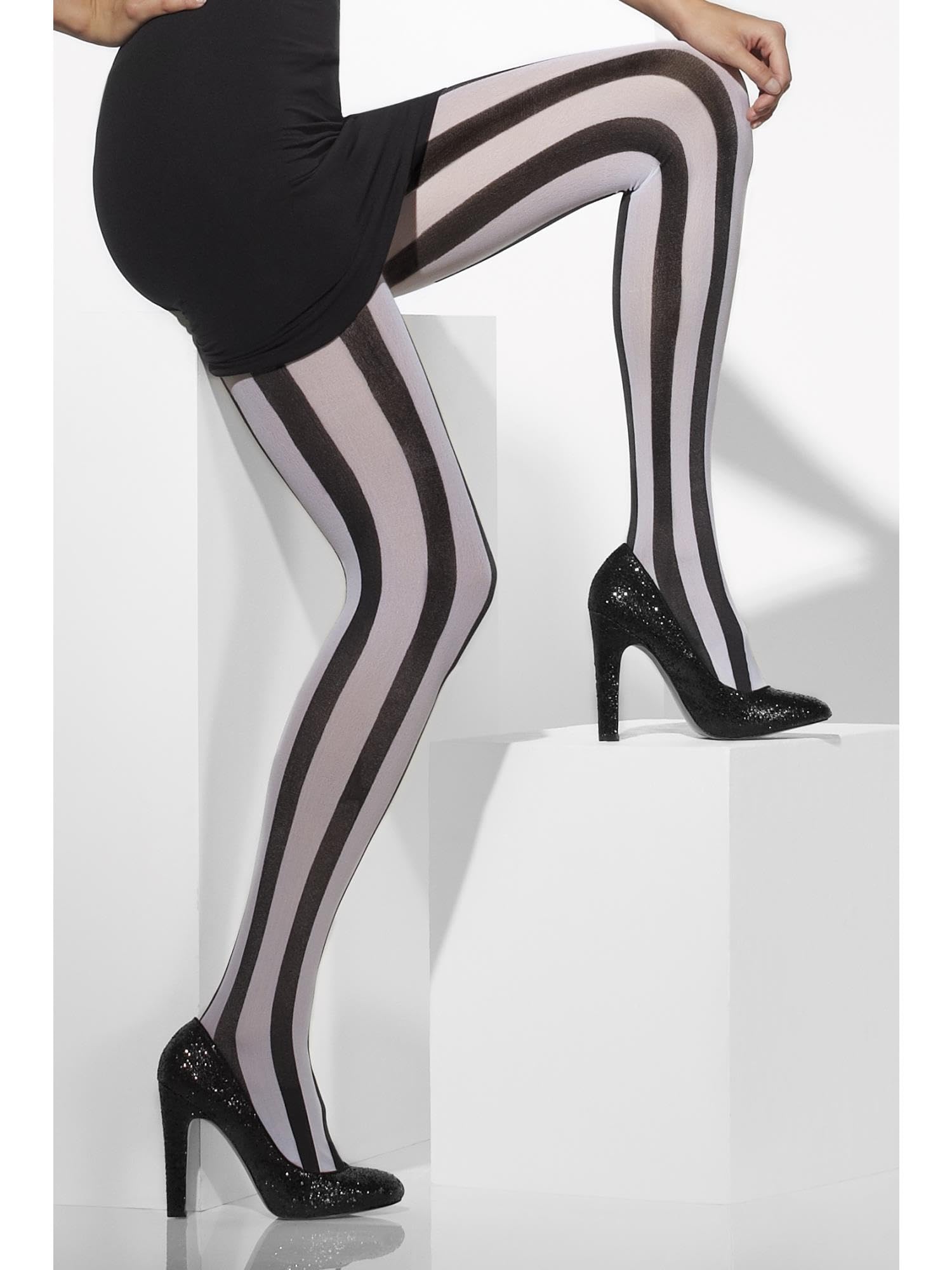 Smiffys Opaque Tights Black & White Vertical Stripes Fever Hosiery Fancy Dress Costume Accessory