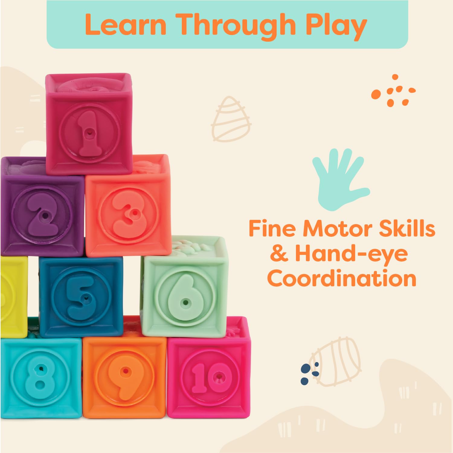 B. toys One Two Squeeze™ 10 Soft Squeezable Baby Blocks - Stacking & Learning Toy for 6+ Months 14