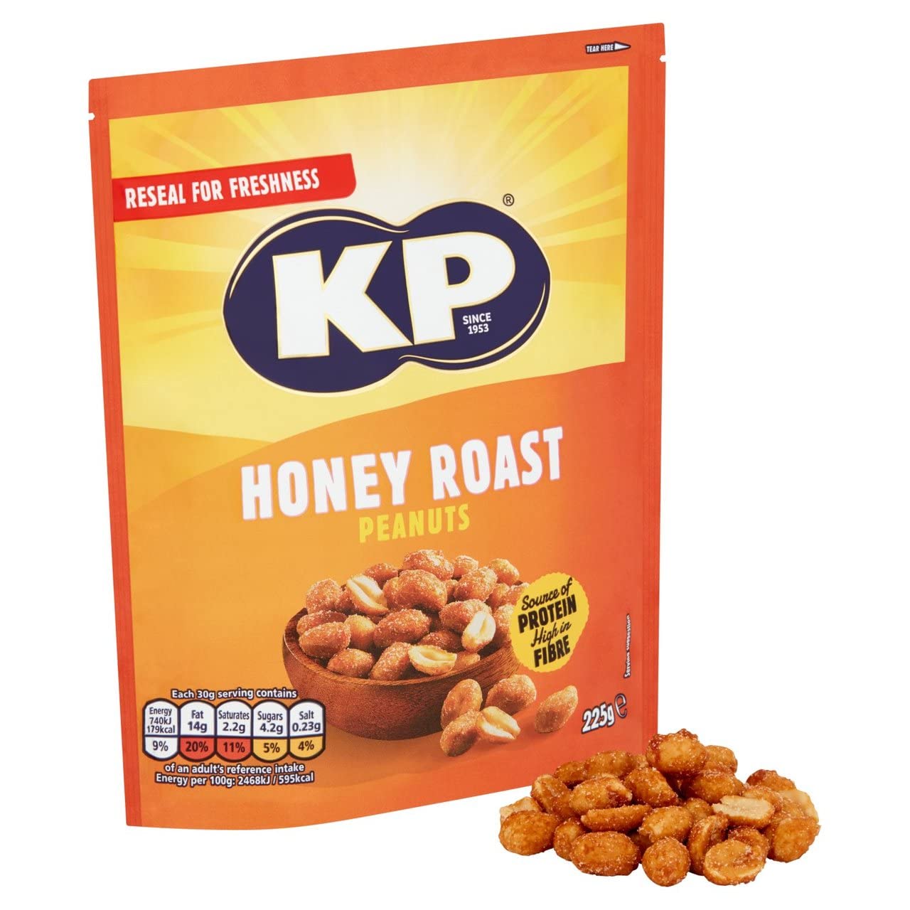 KP Nuts Honey Roast Flavoured Peanuts, 225g Share Bag