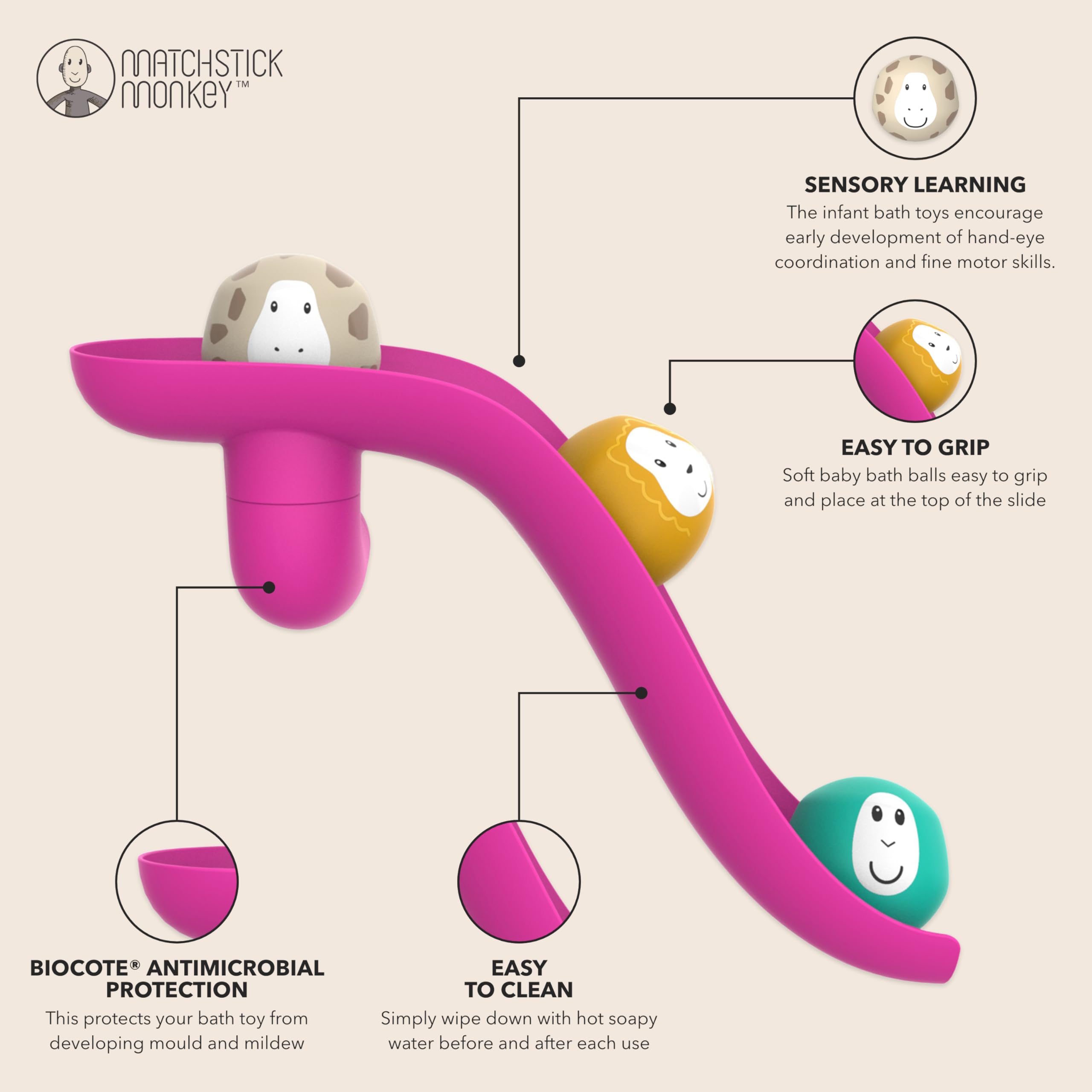 Matchstick Monkey Bathtime Slide Set - Antimicrobial Baby Bath Toy with 3 Animal Rocks, 12 Months+ 4