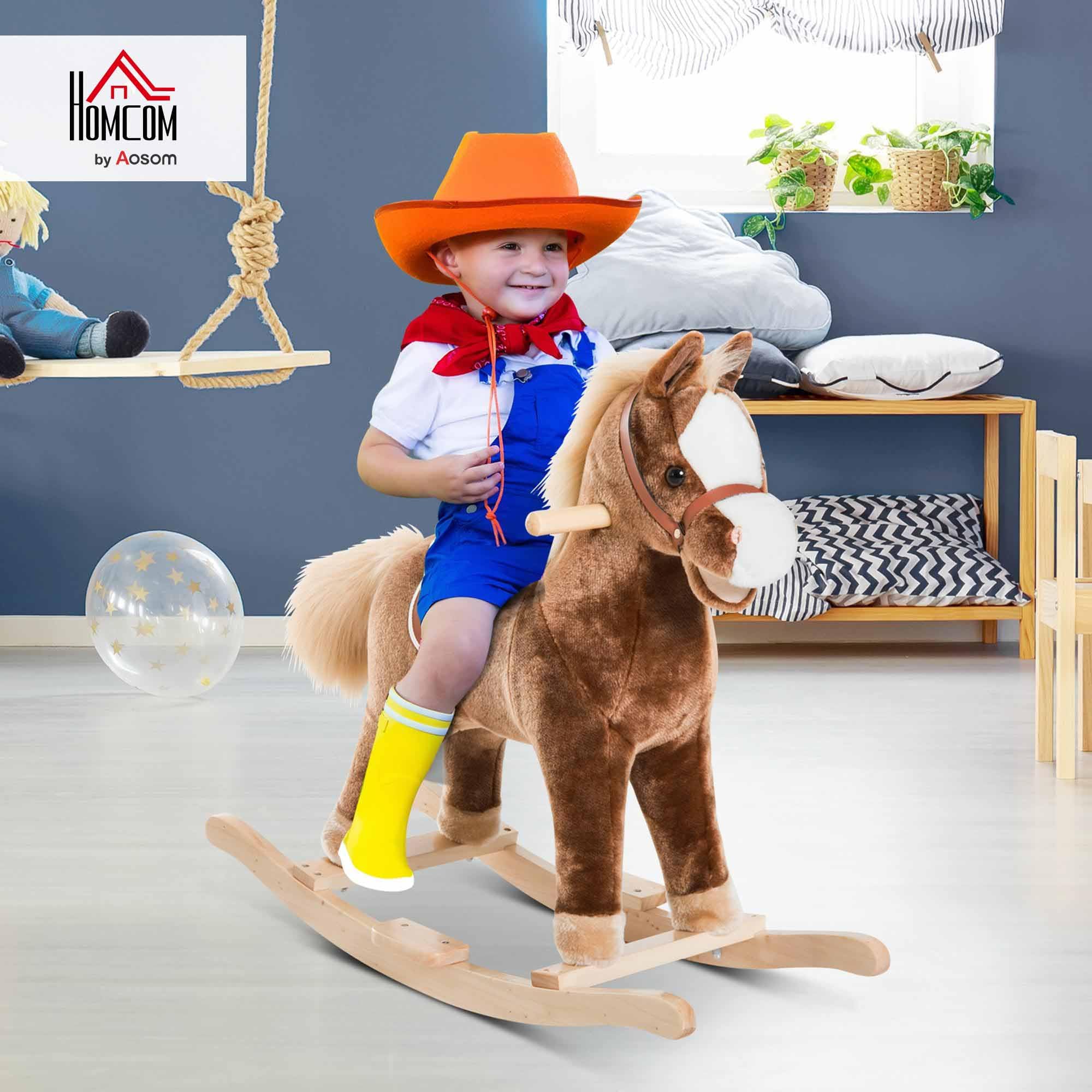 HOMCOM Plush Rocking Horse with Wooden Base for Kids | Brown | Ages 3+ | 74cm Long