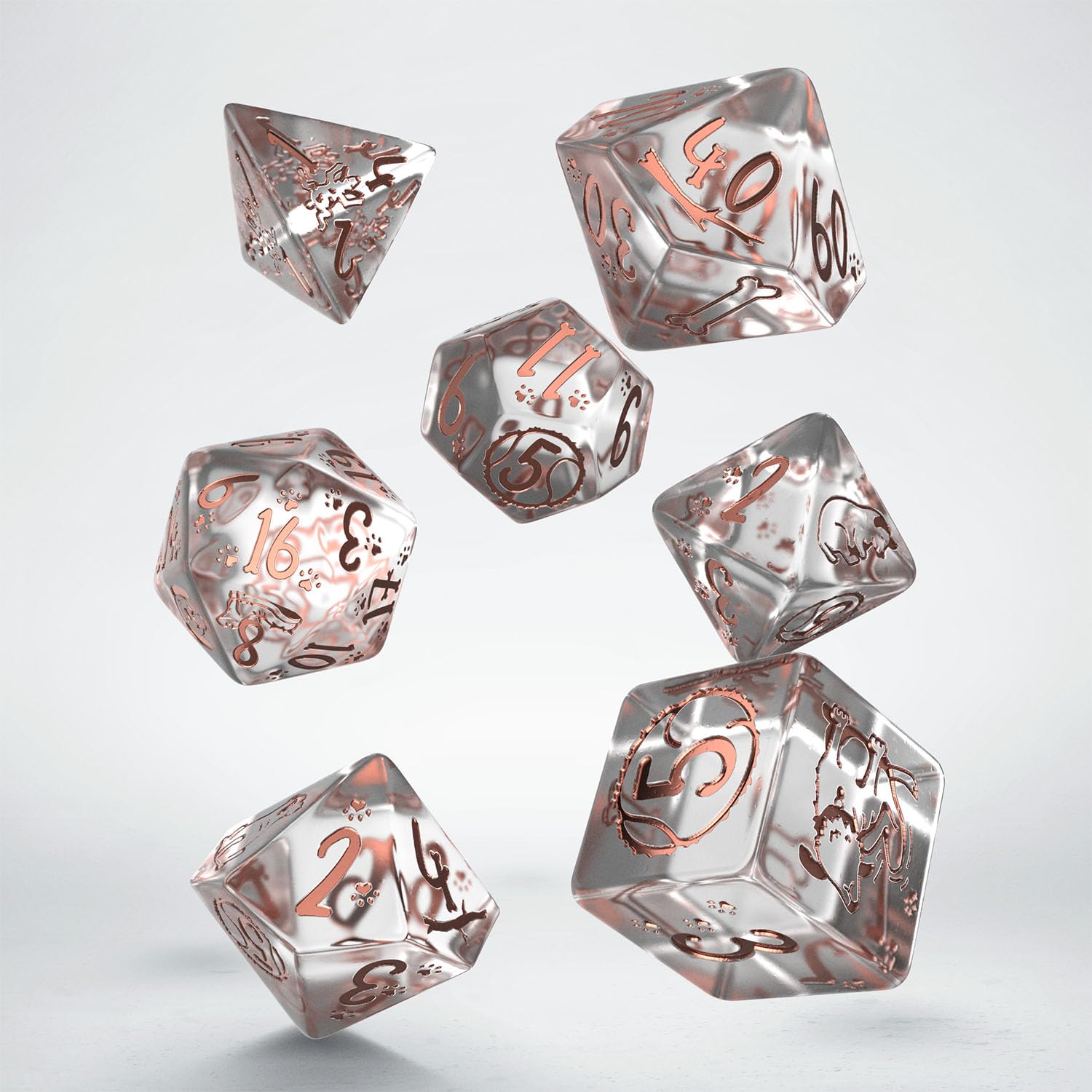 Q WORKSHOP Dogs Dice Set Bella - 7 Polyhedral Dice | Translucent & Copper | Plastic