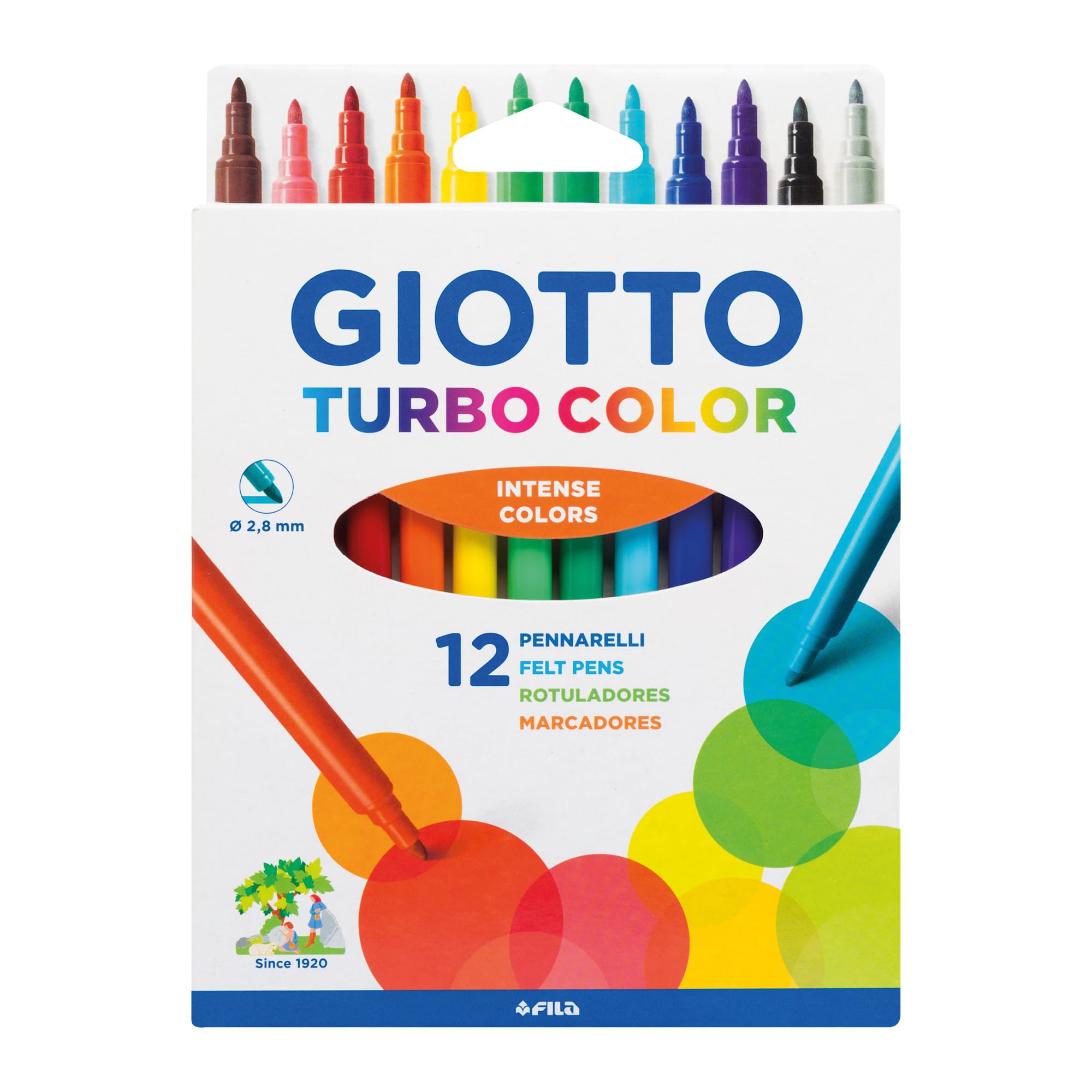 GIOTTO Turbocolor Felt Tip Fibre Pens - Fine Tip 2.8mm | 12 Assorted Colours | Washable
