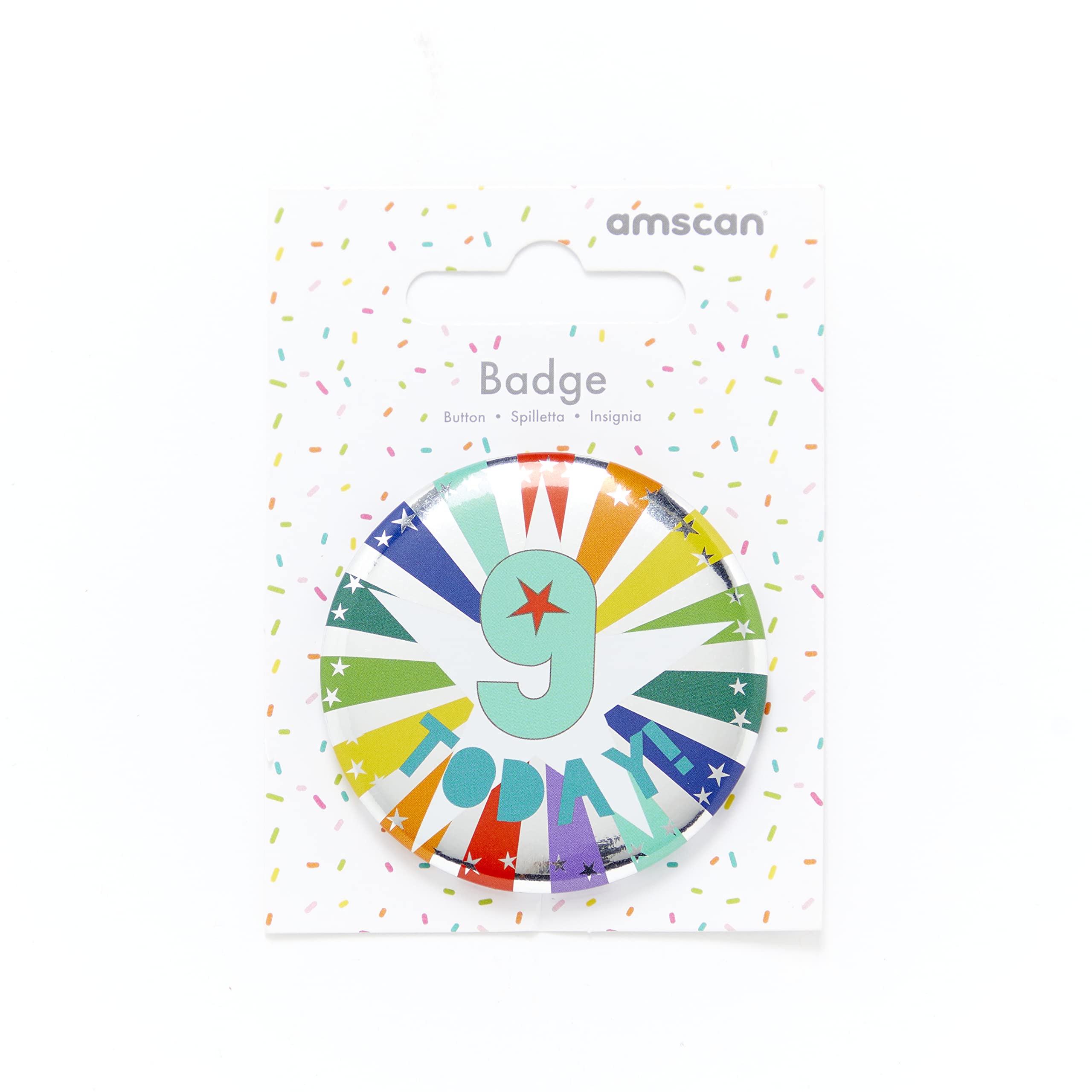 Amscan 9 TODAY! Multicoloured Star Print Kids Birthday Badge - 6cm