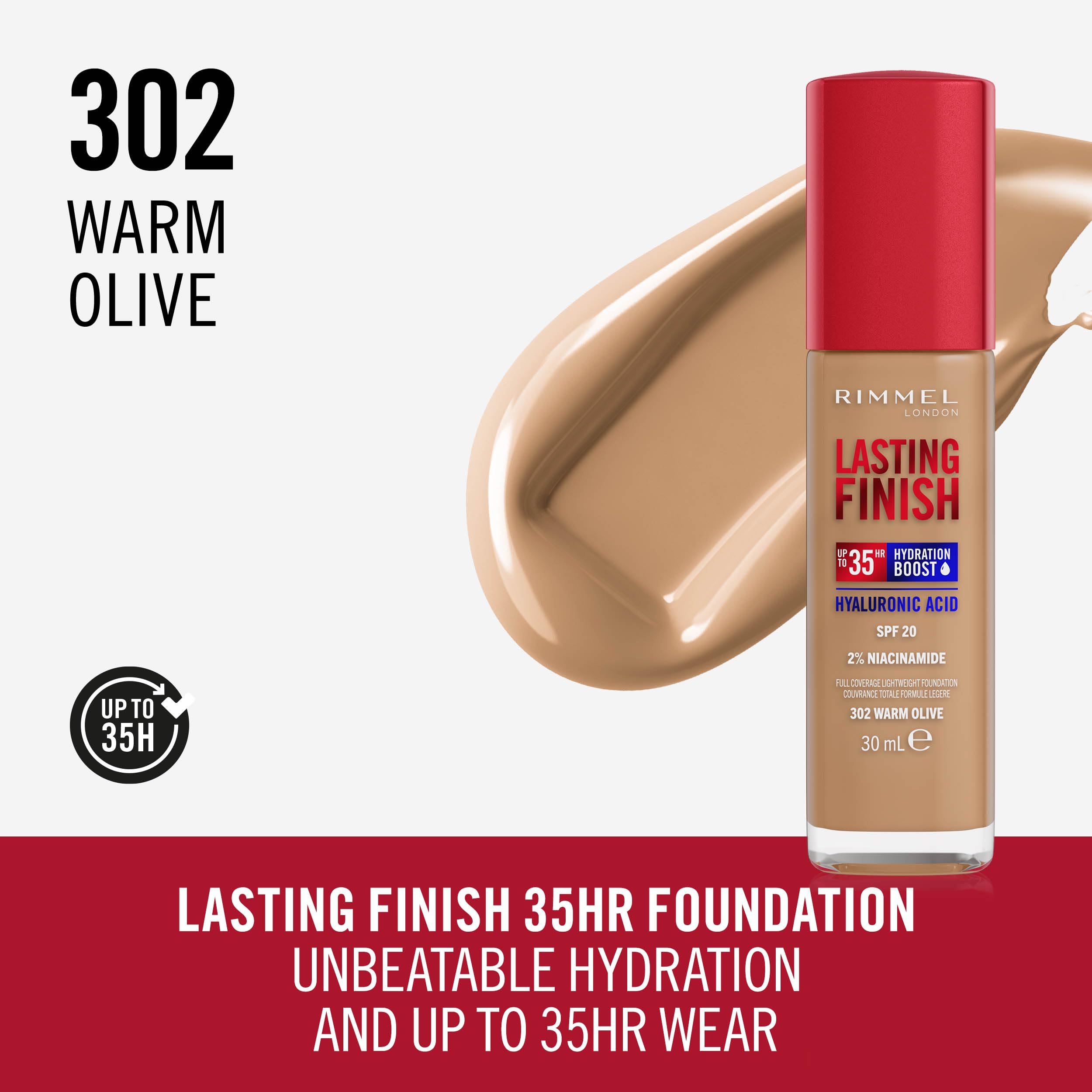 Rimmel - Lasting Finish 35Hr Foundation (Warm Olive 302), Full Coverage, Hydrating, SPF20, Vegan, Cruelty Free
