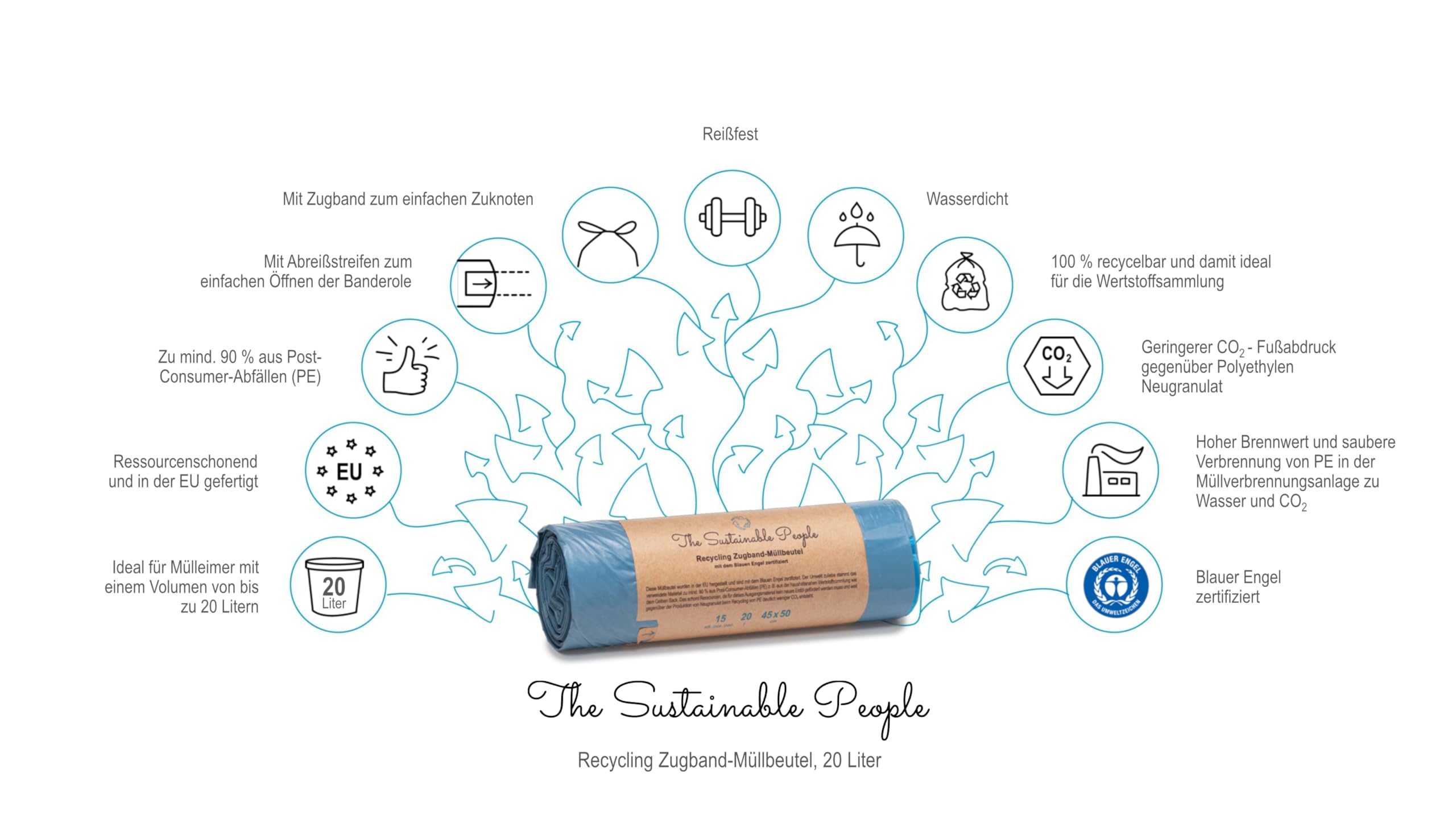 TSP Recycling Drawstring Bin Liners, 20 L, 15-Pack, Made from 90% Post-Consumer Recycled PE, Blue Angel Certified