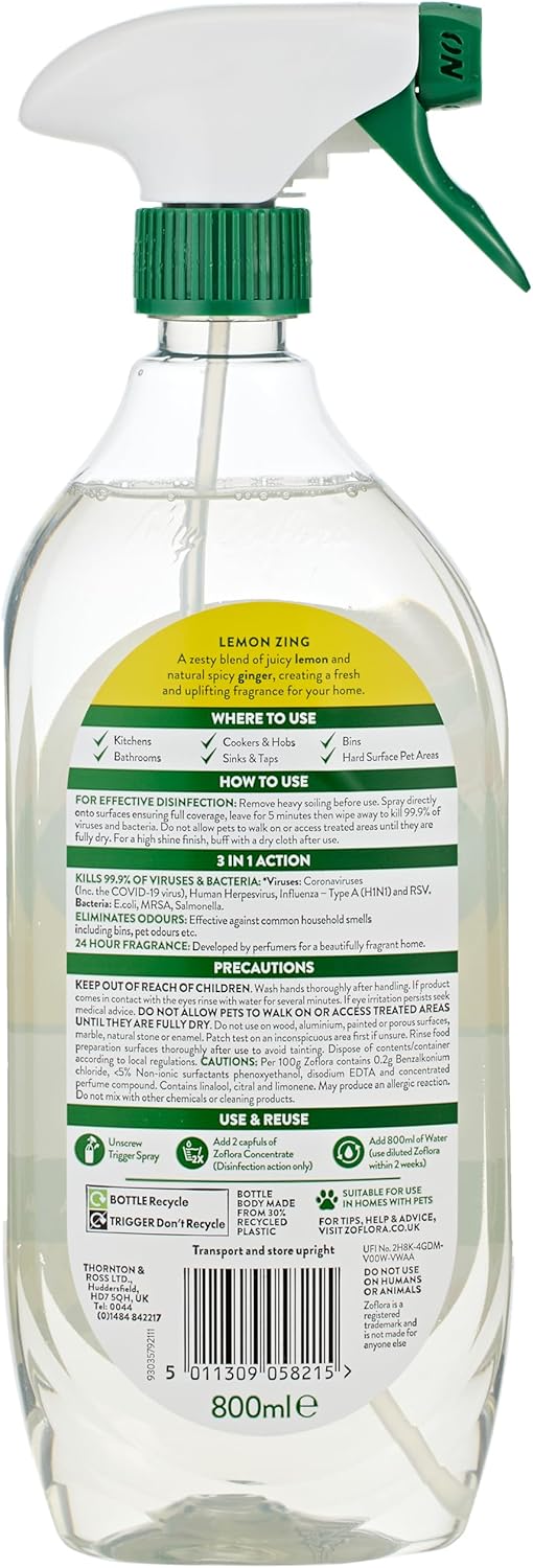 Zoflora Lemon Zing Multipurpose Disinfectant Spray, 800ml Antibacterial Multi-Surface Cleaner 4