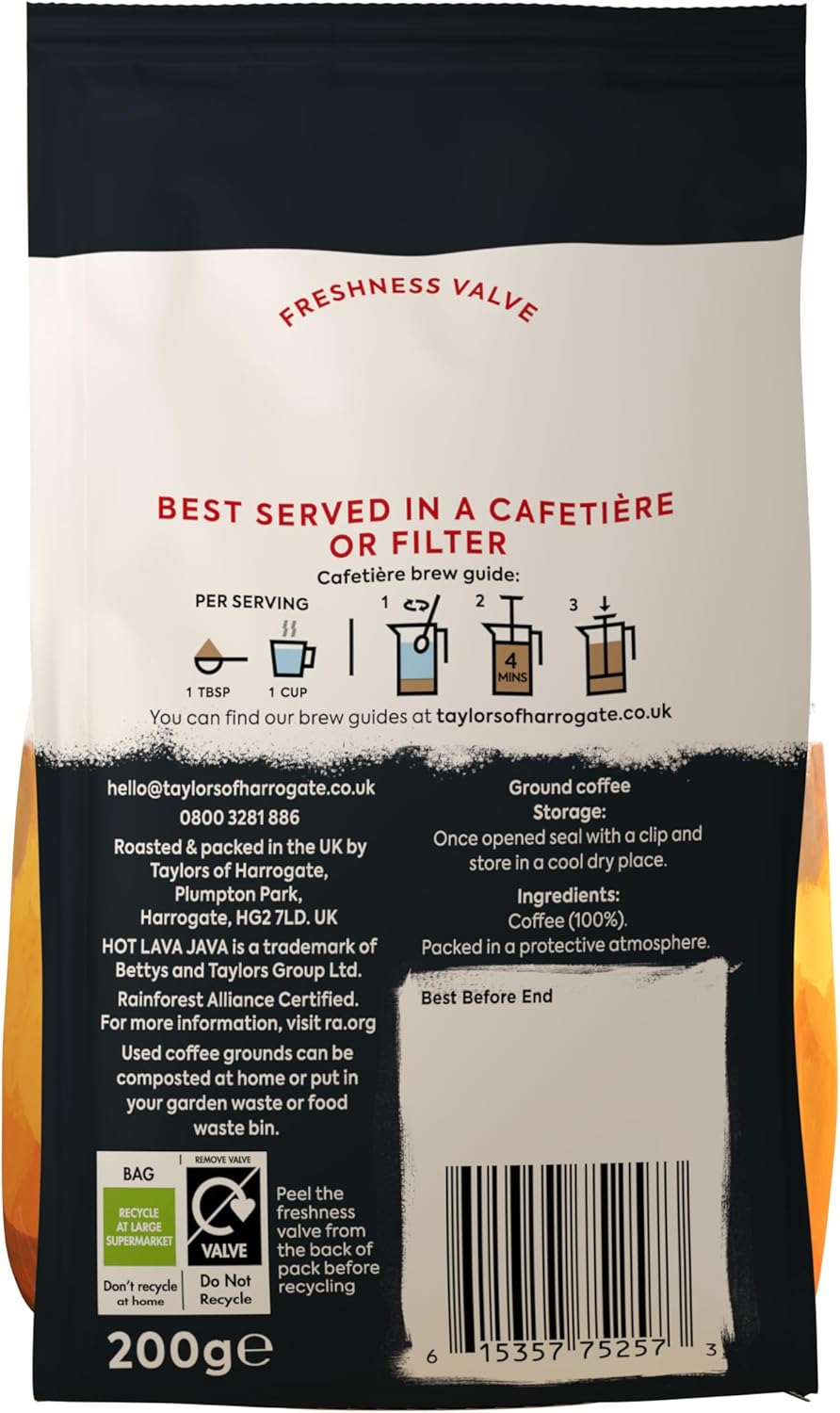 Taylors of Harrogate Hot Lava Java Ground Coffee, 200g (Pack of 6) - 1.2kg Total