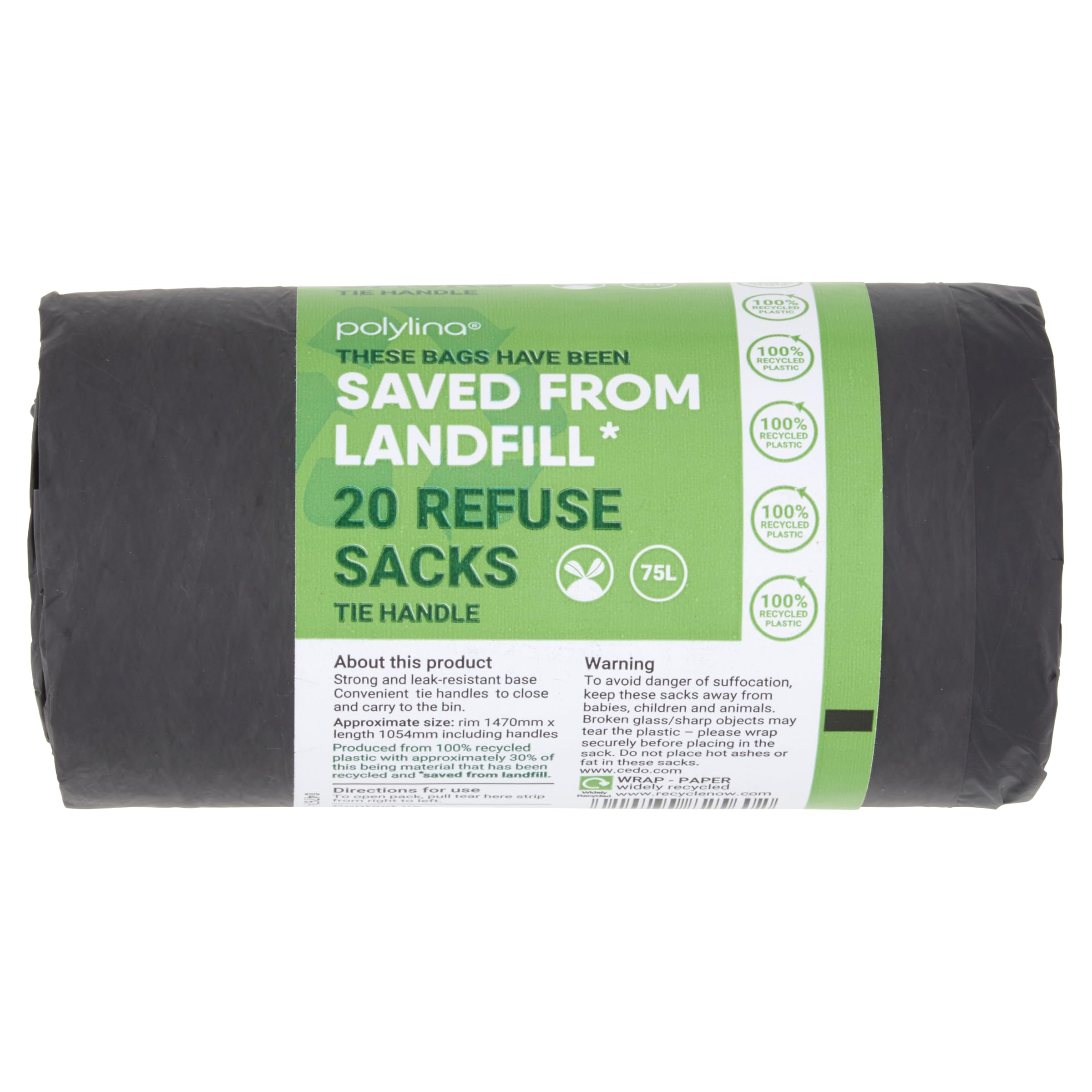 Polylina - 75 Litre Black Bin Liners | 20 Tie Handle Refuse Sacks | 100% Recycled Plastic