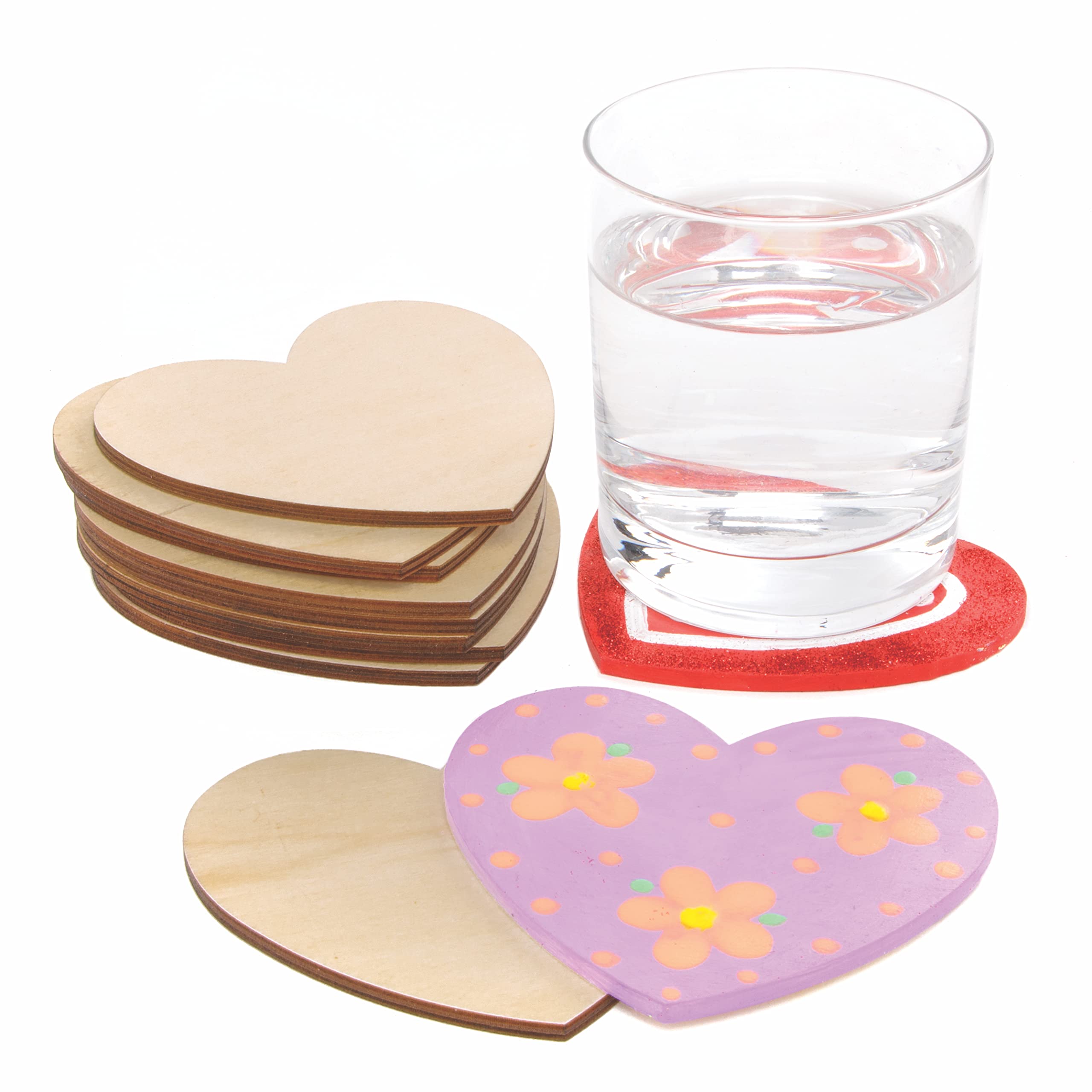 Baker Ross Heart Coasters - Pack of 10 Wooden Blanks for Crafting | 10.5 cm Diameter