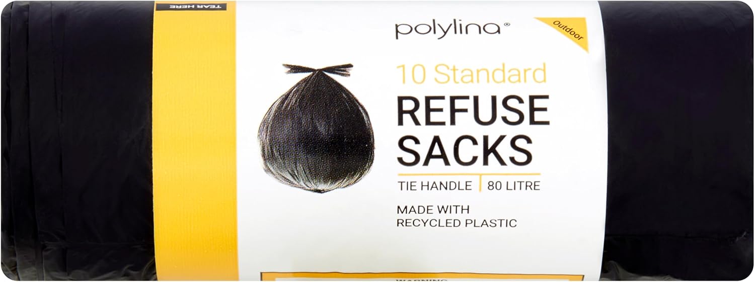 Polylina 10 Pack Tie Handle Refuse Sacks, 80 Litre Black Bin Bags Made from Recycled Plastic