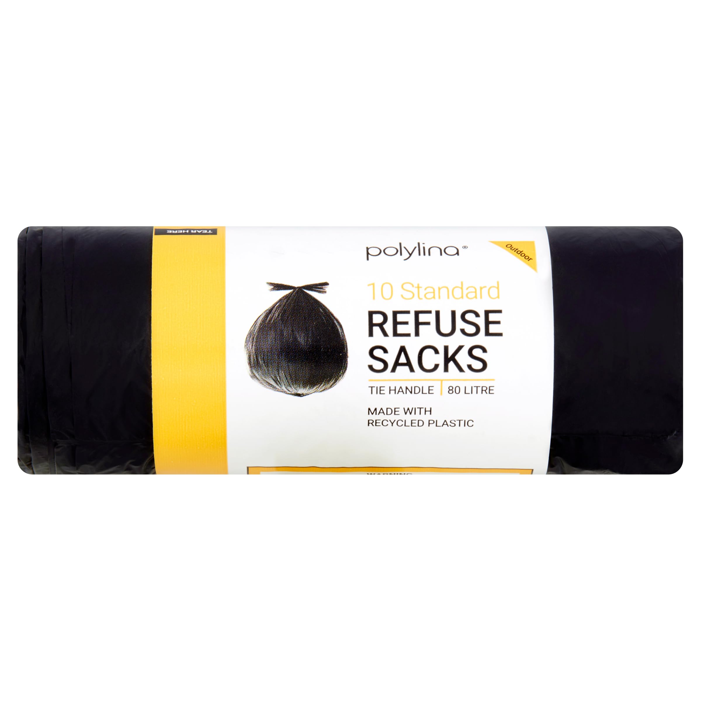 Polylina 80 Litre Tie Handle Refuse Sacks | Pack of 10 | Made with 60% Recycled Plastic | Black
