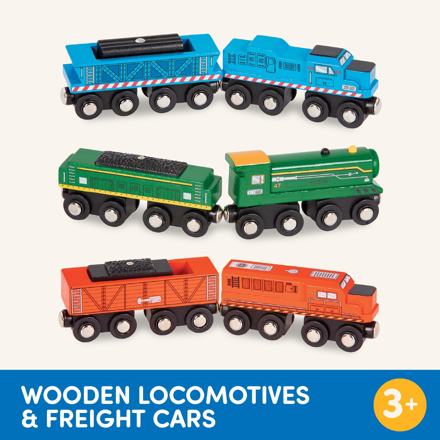 Battat Wooden Magnetic Train Set - 6-Piece Locomotive & Freight Car Playset for Ages 3+