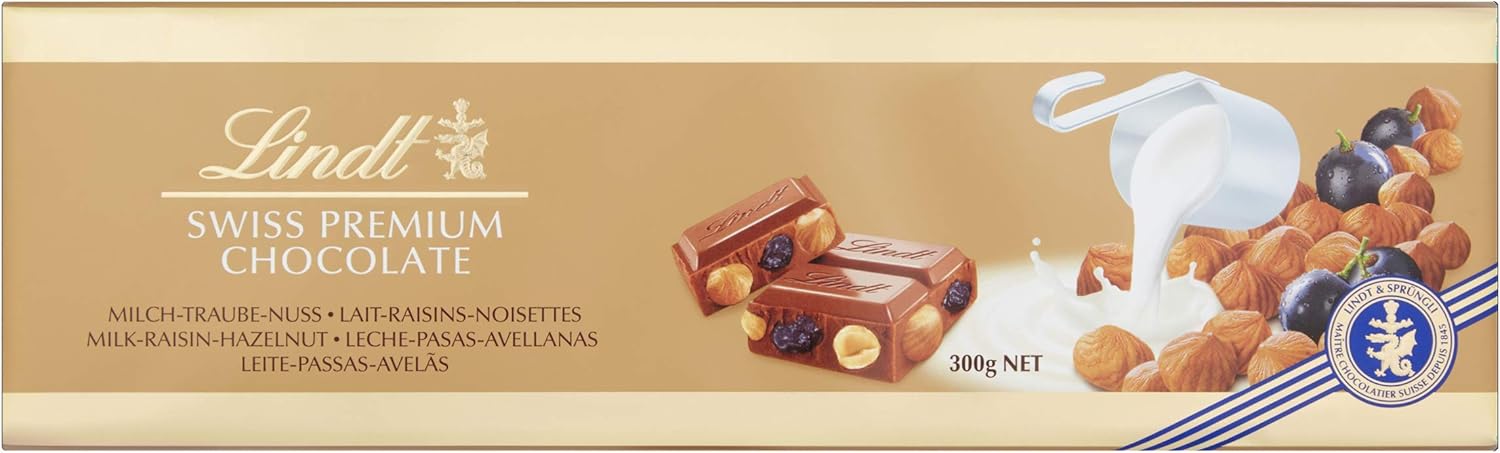 Lindt Swiss Milk Chocolate Hazelnut and Raisin Gold Bar 300g