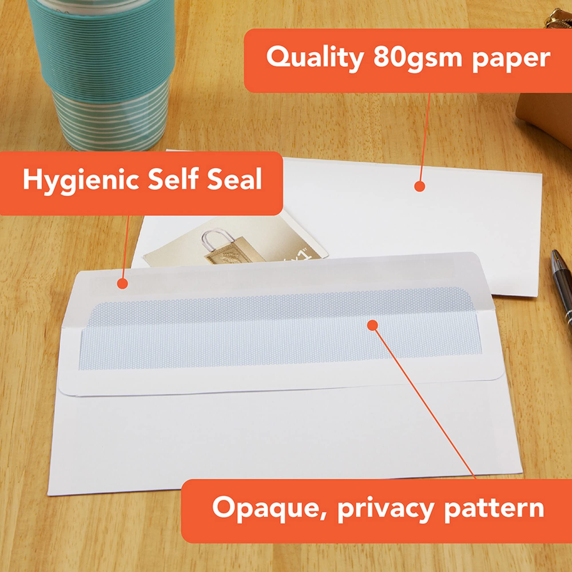 Postmaster DL Peel & Seal Envelopes - 100 Pack | 100GSM White Paper | Security Tint 5