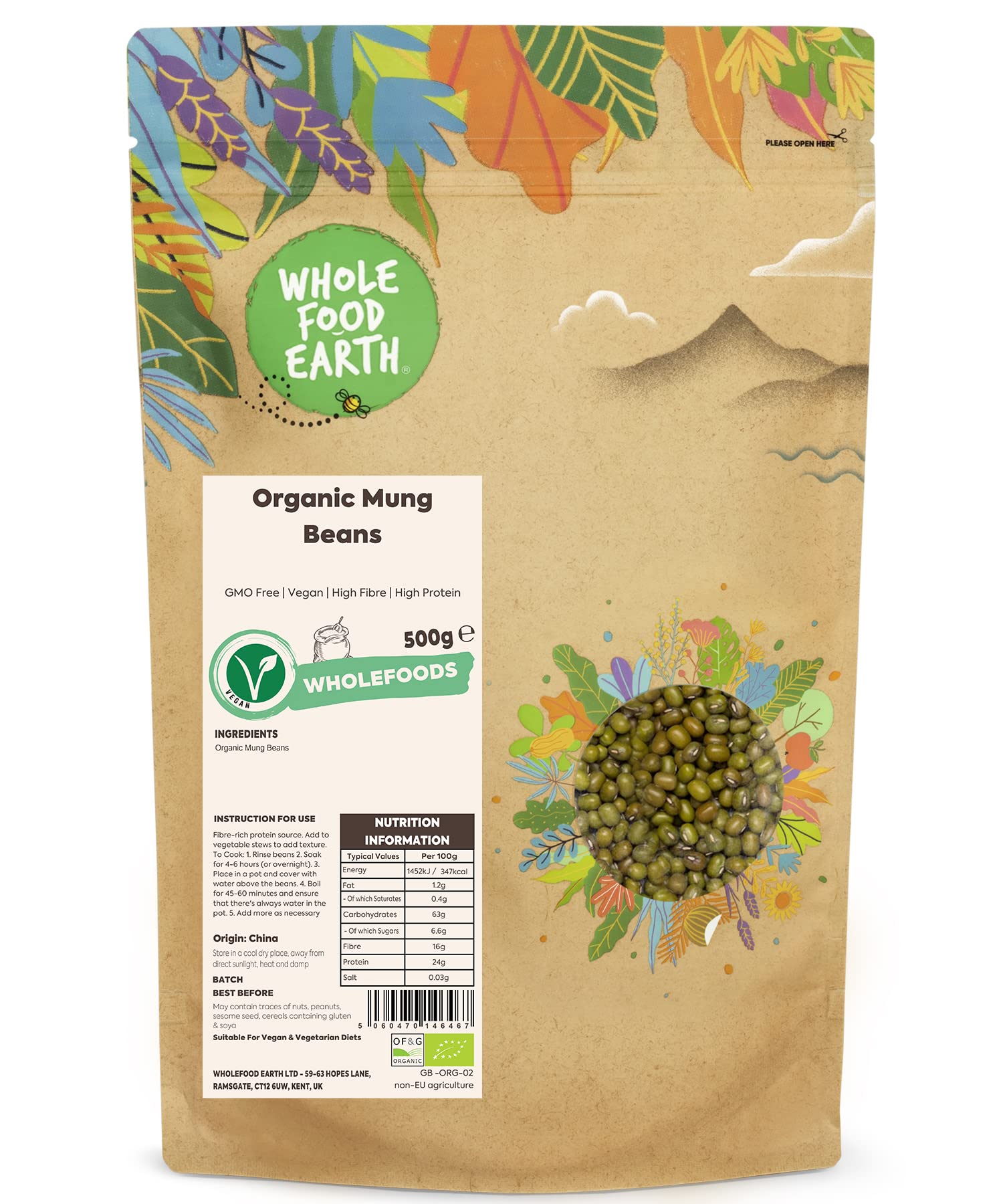 Wholefood Earth Organic Mung Beans 500g | GMO Free | Vegan | High Protein & Fibre | Certified Organic