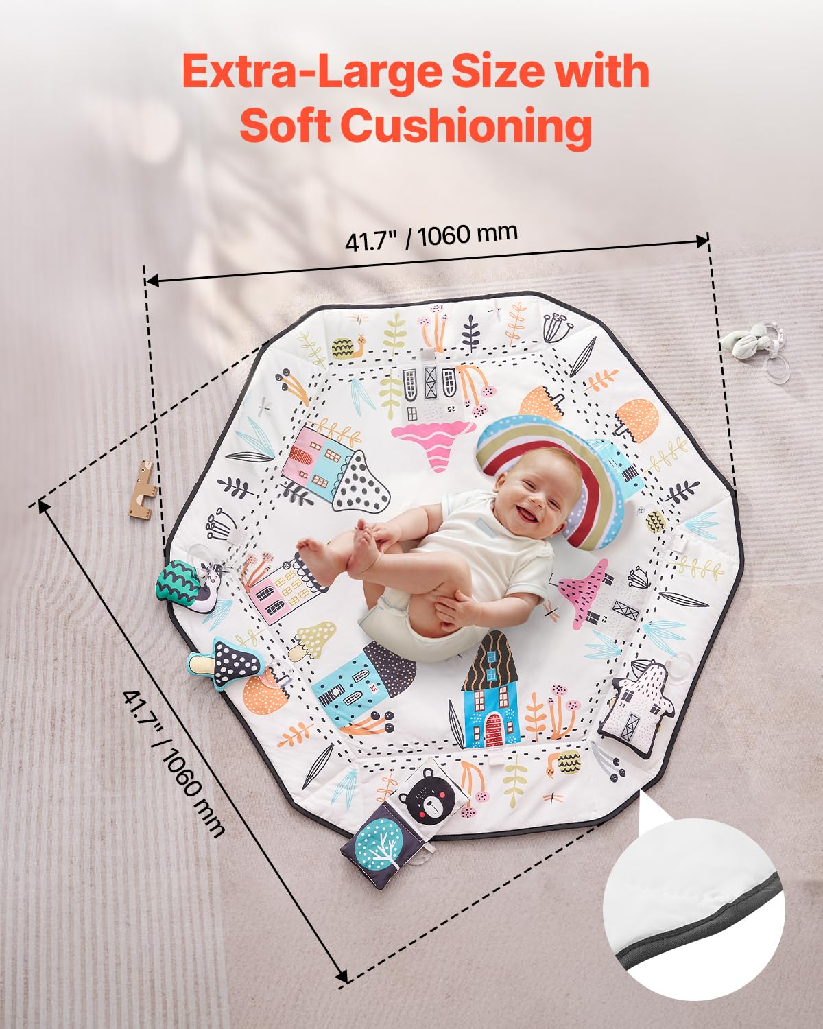 VEVOR Baby Play Gym Mat with 6 Detachable Sensory Toys, 41.7" x 41.7" Tummy Time Mat 14