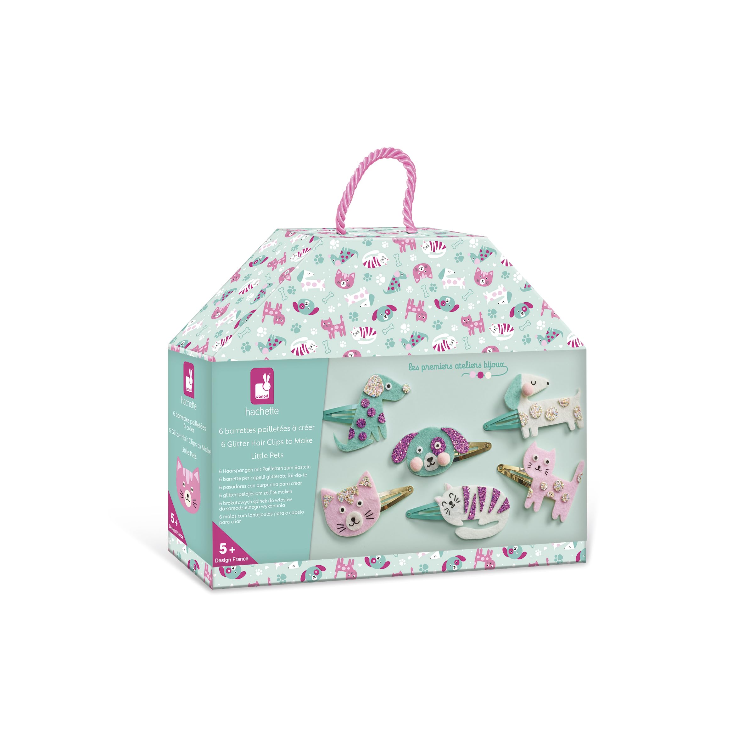 Janod J09181 - Set of 6 DIY Hair Clips Craft Kit - Cat & Dog Designs - Ages 5-10