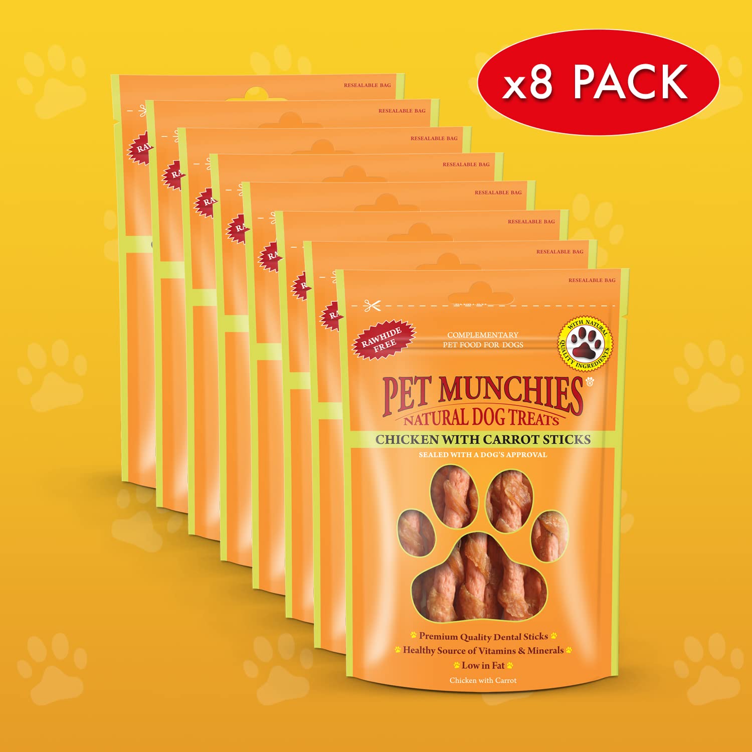 PET MUNCHIES Chicken with Carrot Dental Sticks Dog Treats - Pack of 8 | Low Fat | Promotes Dental Health