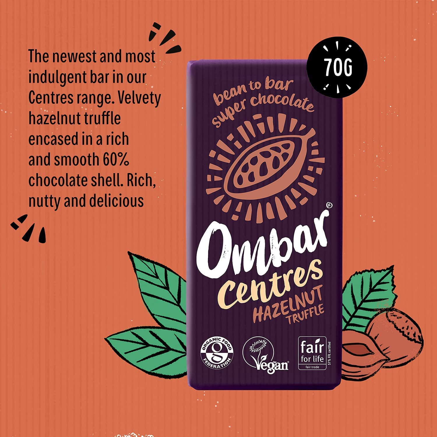 Ombar Centres Hazelnut Truffle Vegan Chocolate Bar - Organic, Fair Trade, Dairy & Gluten Free, 70g 3