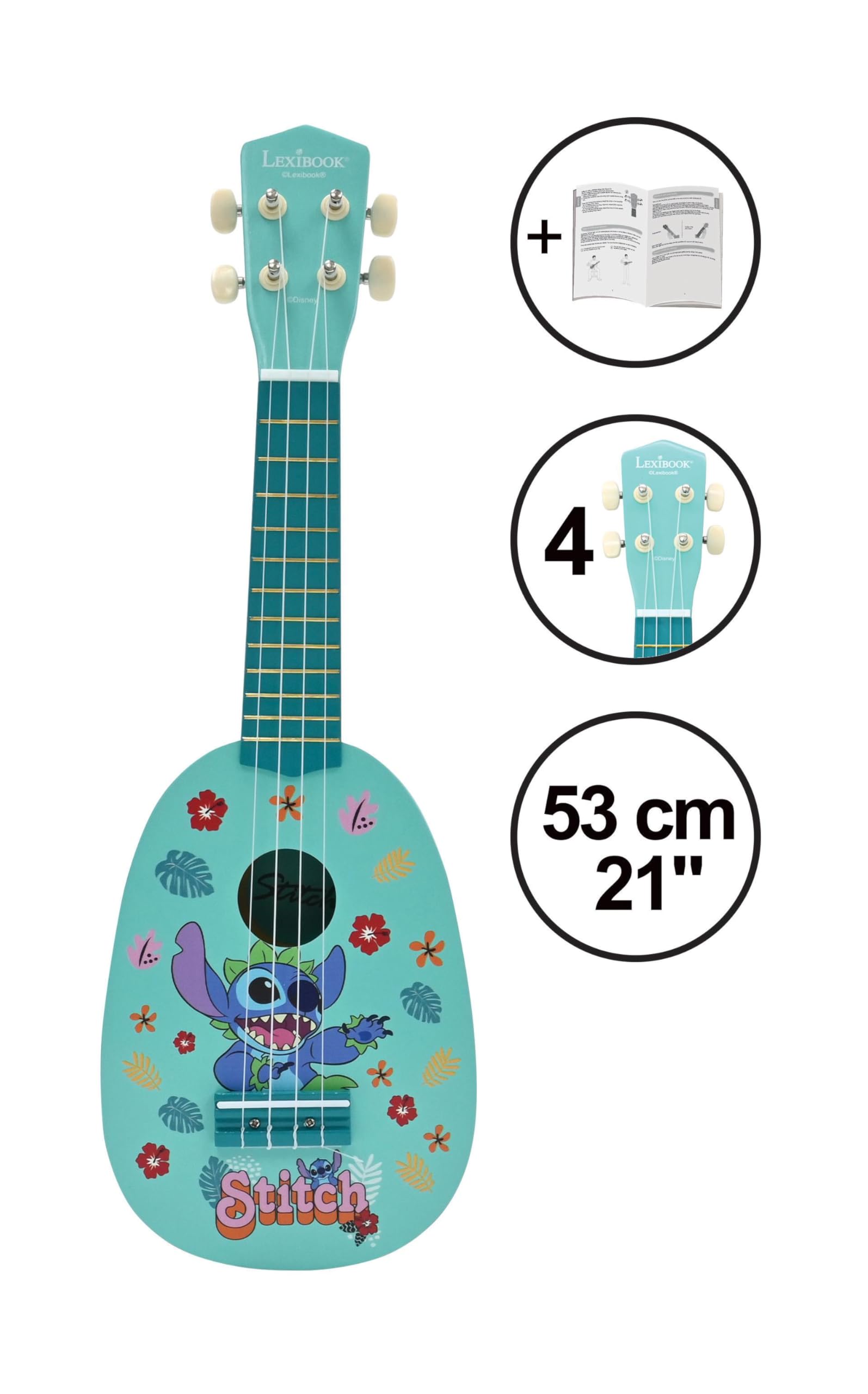LEXIBOOK Disney Stitch My First Wooden Ukulele - 4 Nylon Strings | 53 cm Size | Ages 3+