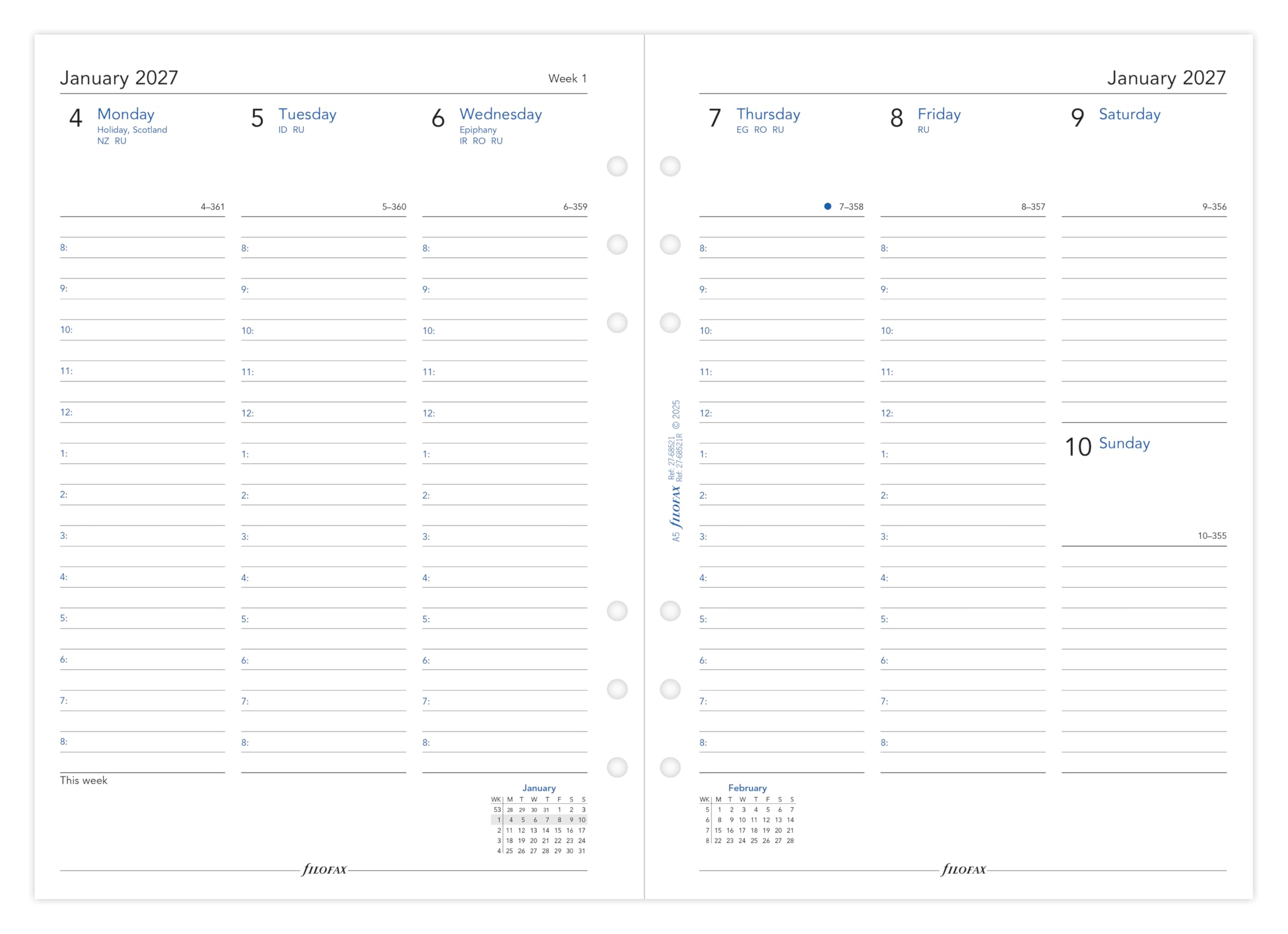 Filofax A5 2027 Diary Refill - Week on Two Pages Column Format | Recycled Paper | English 2